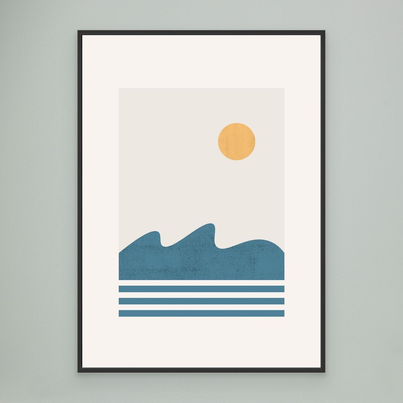Minimalist Ocean Landscape Poster with Golden Sun and Blue Waves