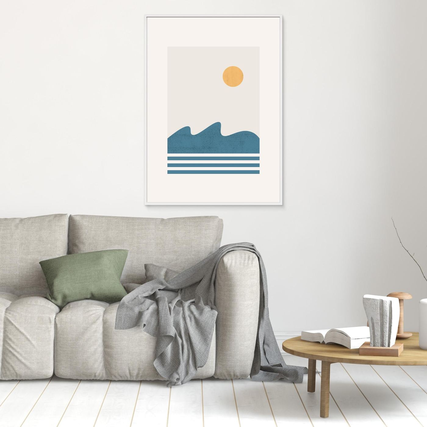 Minimalist Ocean Landscape Poster with Golden Sun and Blue Waves