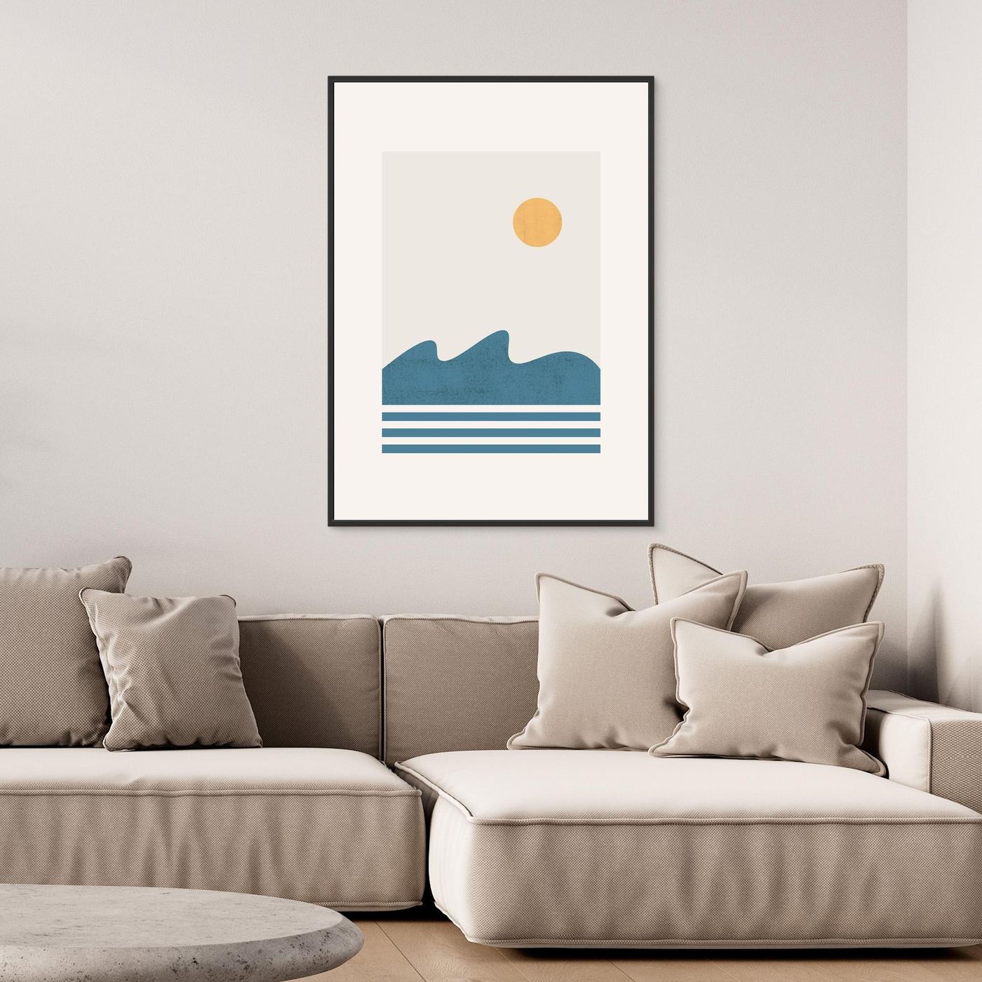 Minimalist Ocean Landscape Poster with Golden Sun and Blue Waves