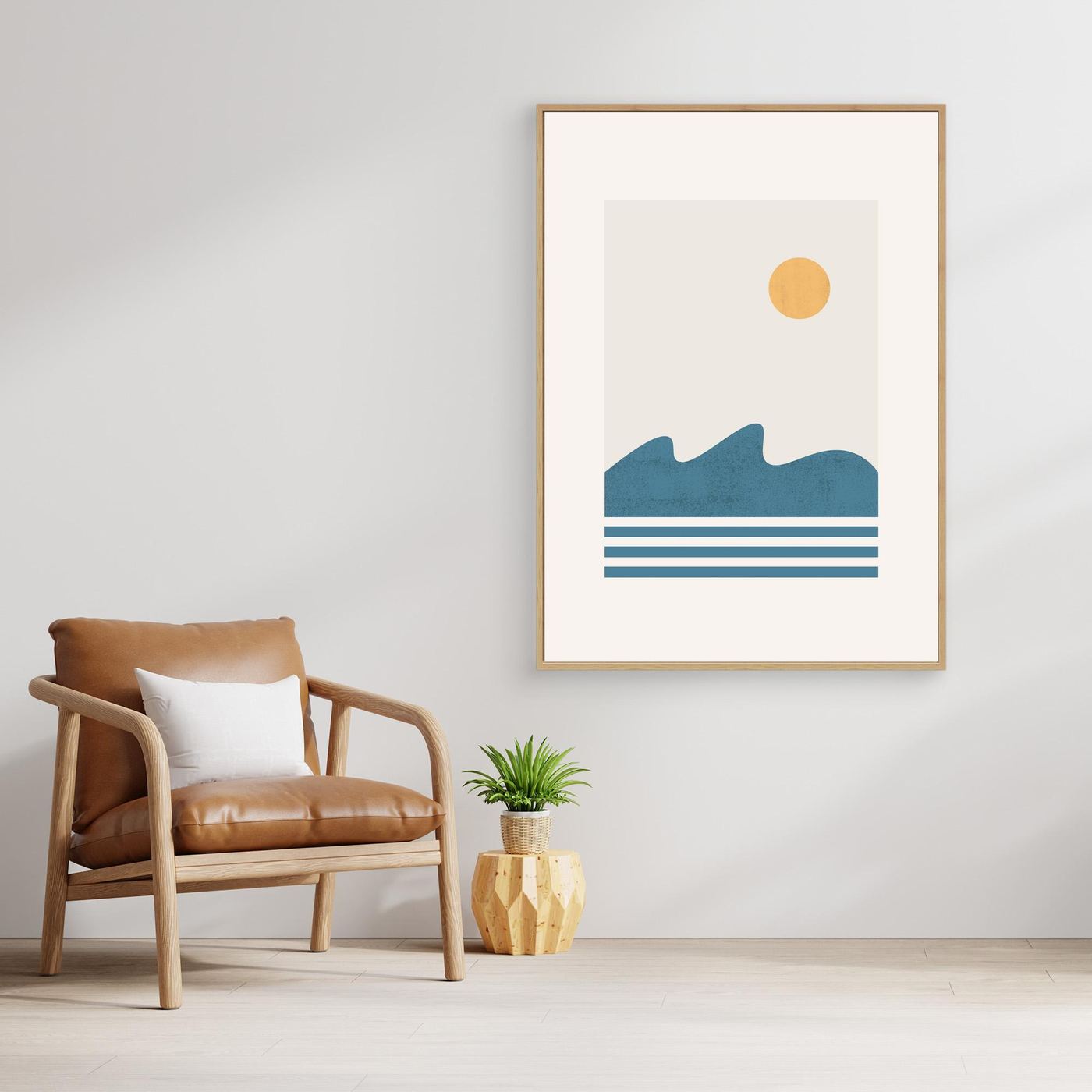 Minimalist Ocean Landscape Poster with Golden Sun and Blue Waves