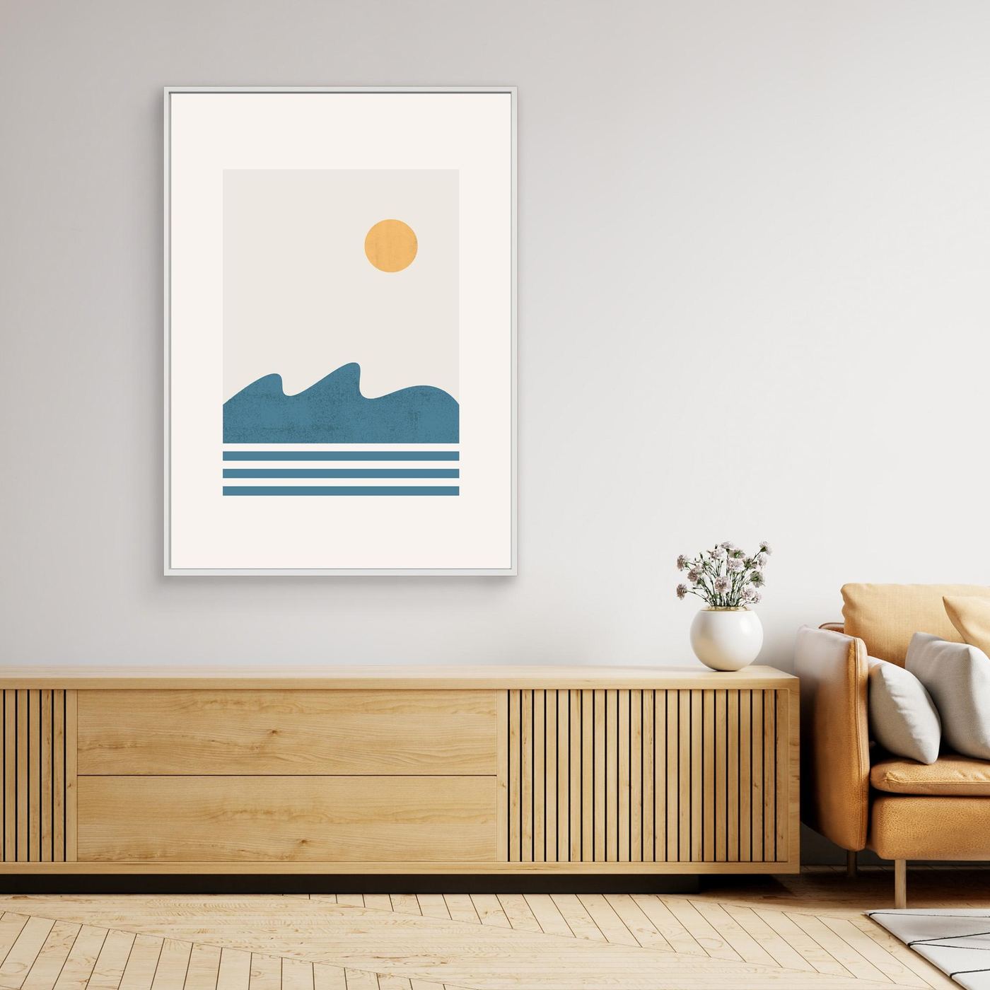 Minimalist Ocean Landscape Poster with Golden Sun and Blue Waves