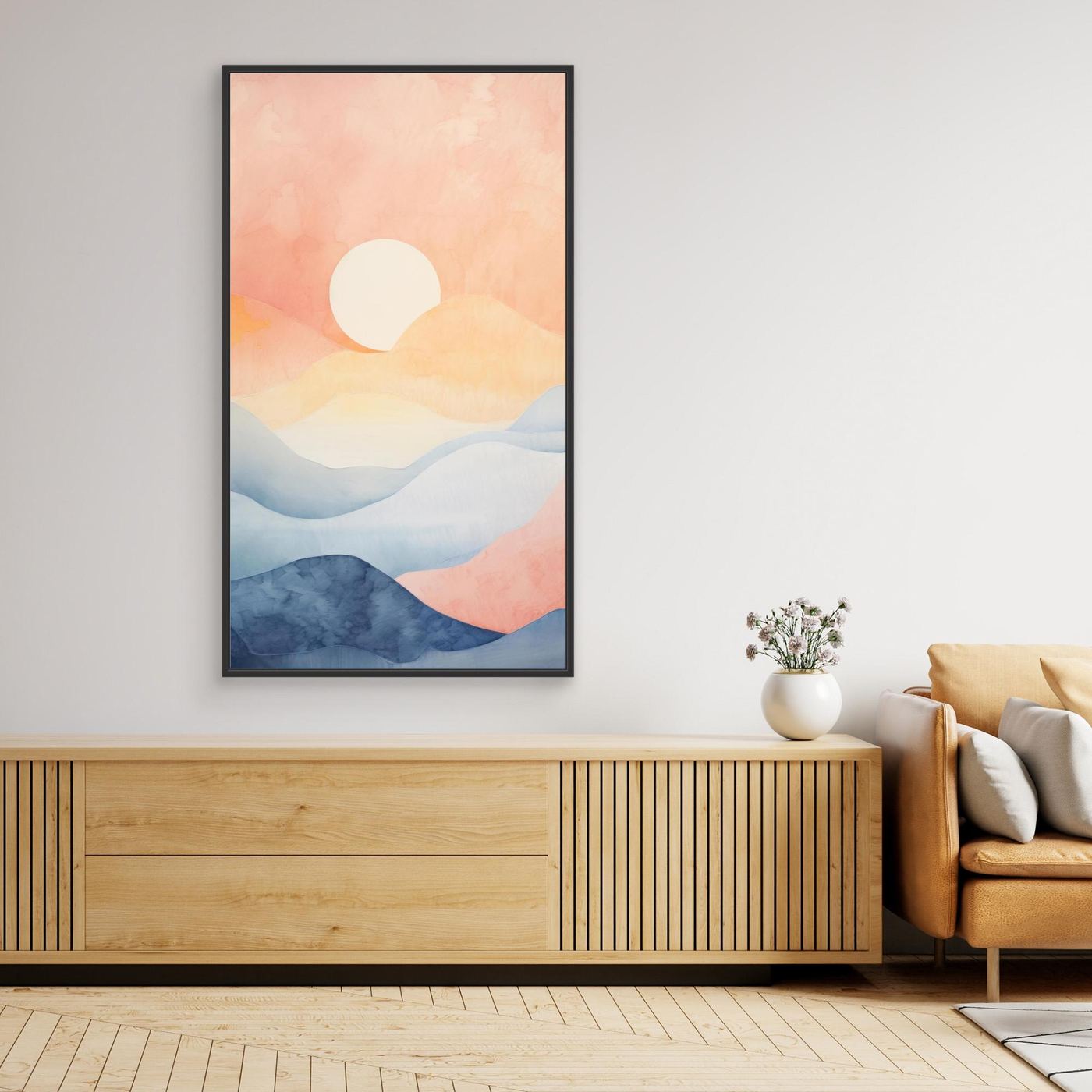 Abstract Layered Mountain Landscape with Soft Pastel Waves and Modern Minimalist Design