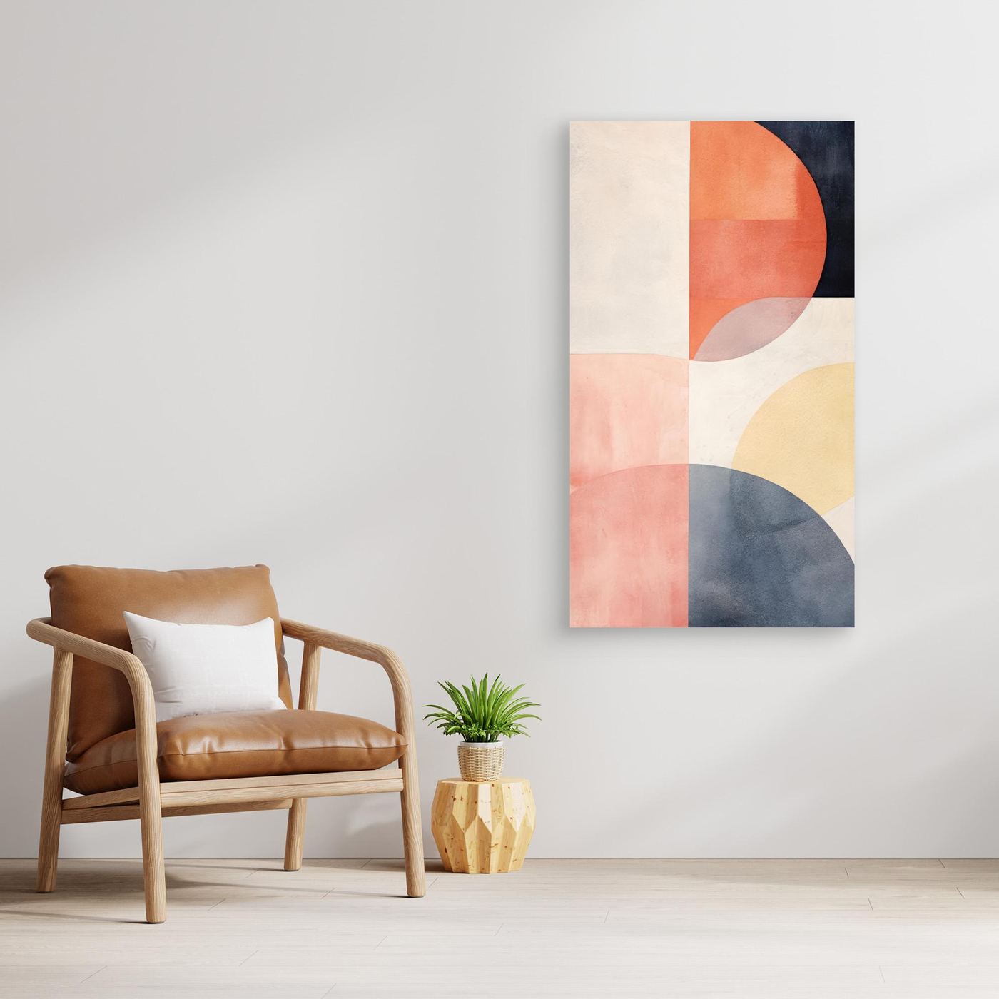 Modern Abstract Geometric Artwork with Overlapping Shapes in Neutral and Warm Pastel Colors