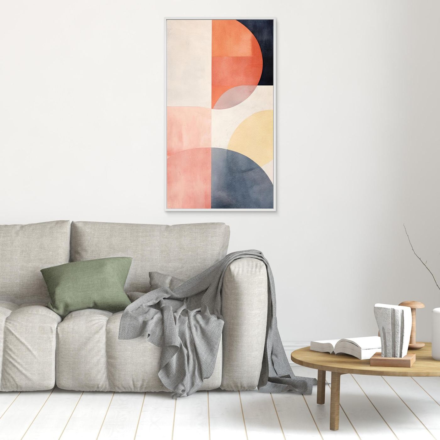 Modern Abstract Geometric Artwork with Overlapping Shapes in Neutral and Warm Pastel Colors