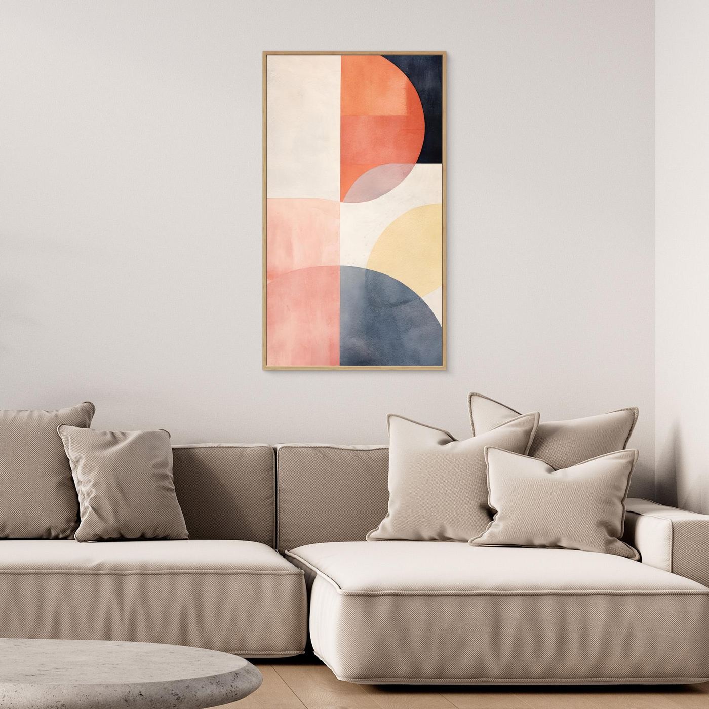 Modern Abstract Geometric Artwork with Overlapping Shapes in Neutral and Warm Pastel Colors