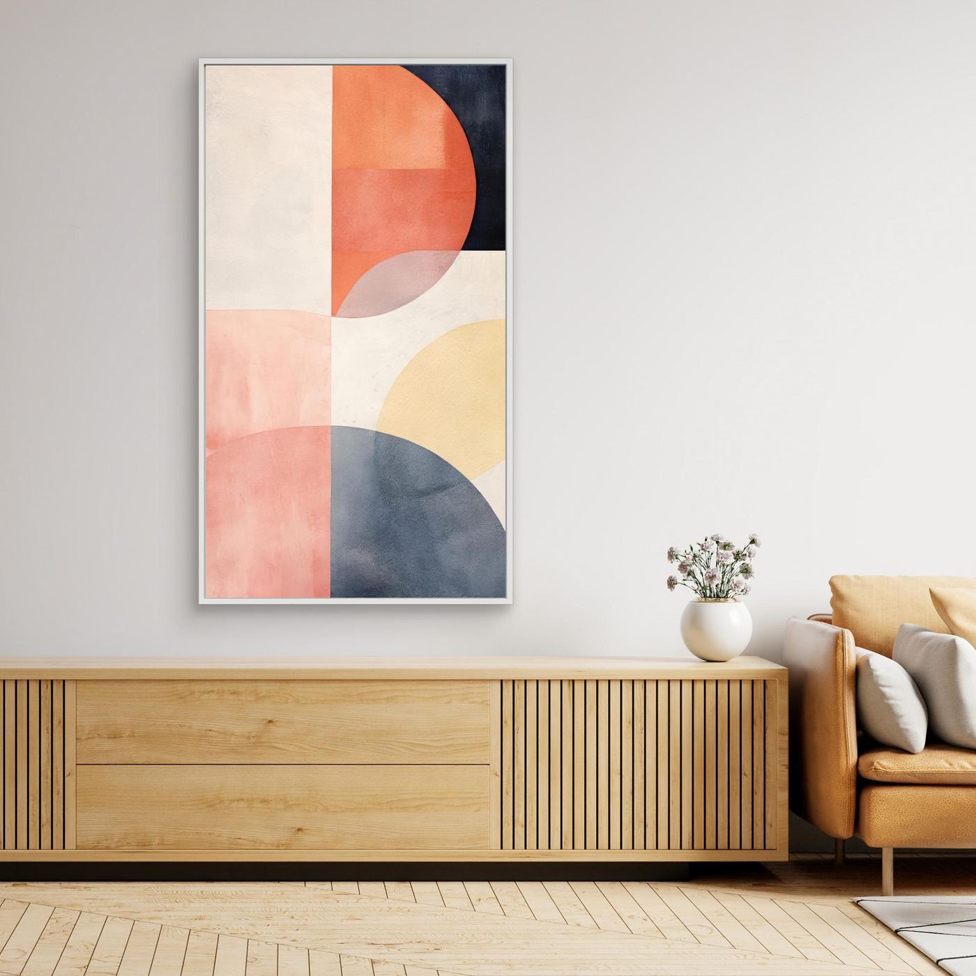 Modern Abstract Geometric Artwork with Overlapping Shapes in Neutral and Warm Pastel Colors