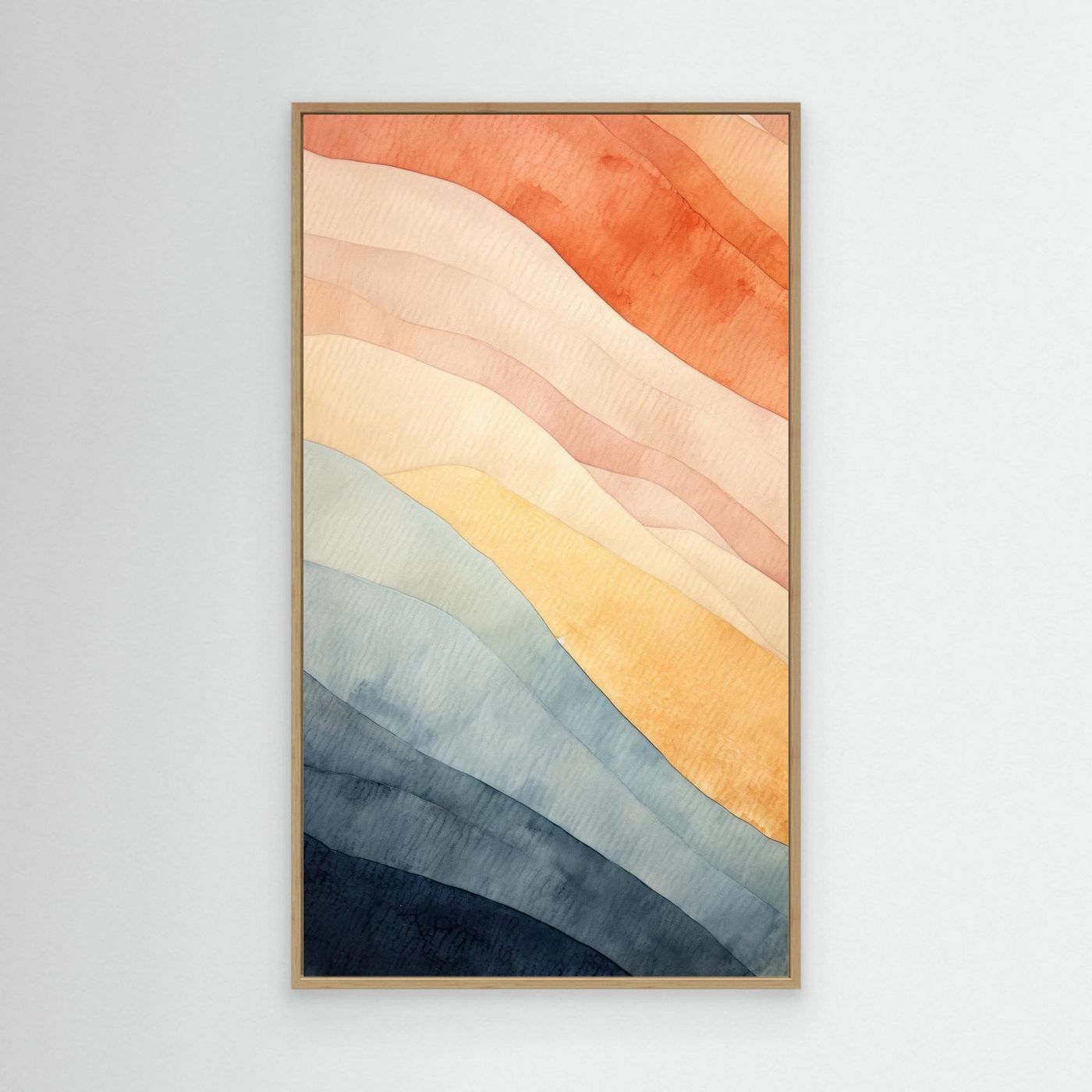 Abstract Watercolor Diagonal Waves Wall Art Print | Muted Terracotta and Indigo Blue Poster