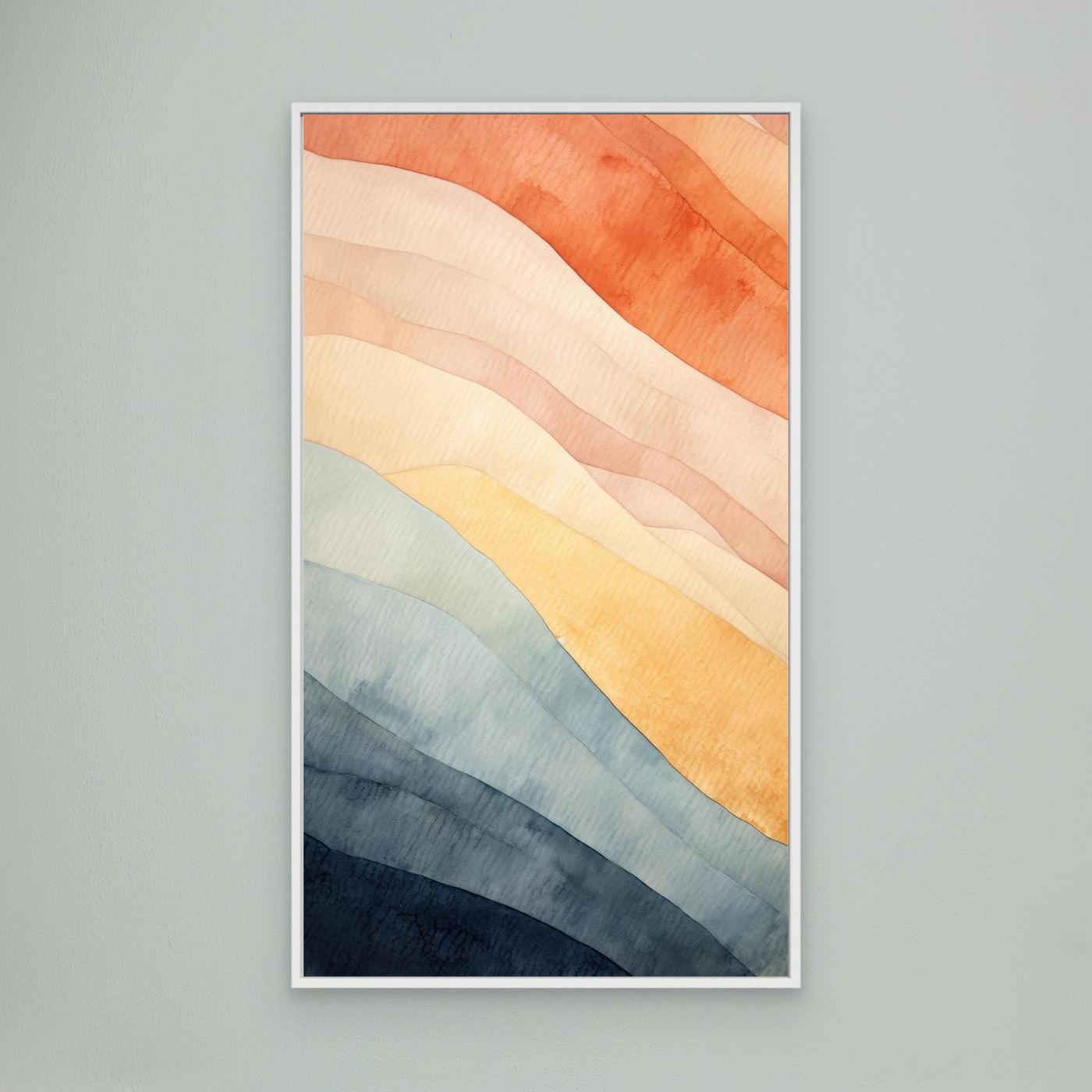 Abstract Watercolor Diagonal Waves Wall Art Print | Muted Terracotta and Indigo Blue Poster