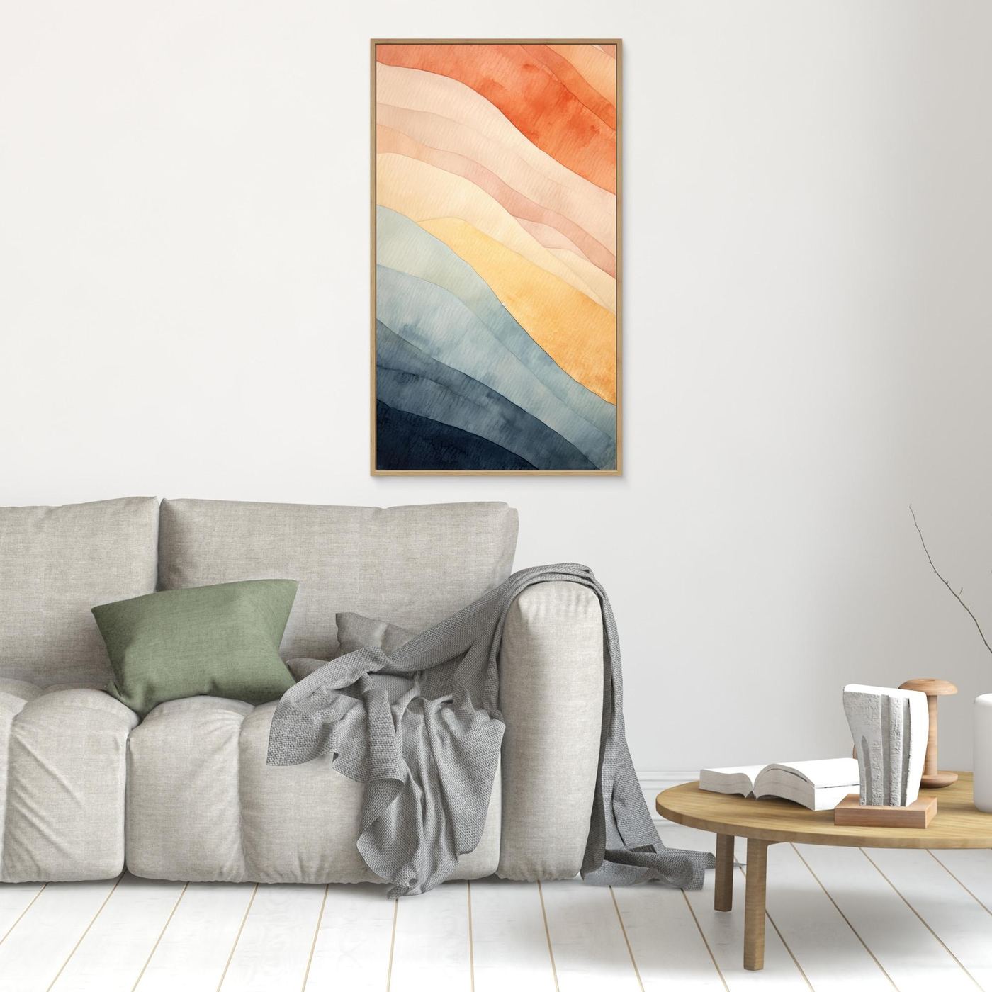 Abstract Watercolor Diagonal Waves Wall Art Print | Muted Terracotta and Indigo Blue Poster