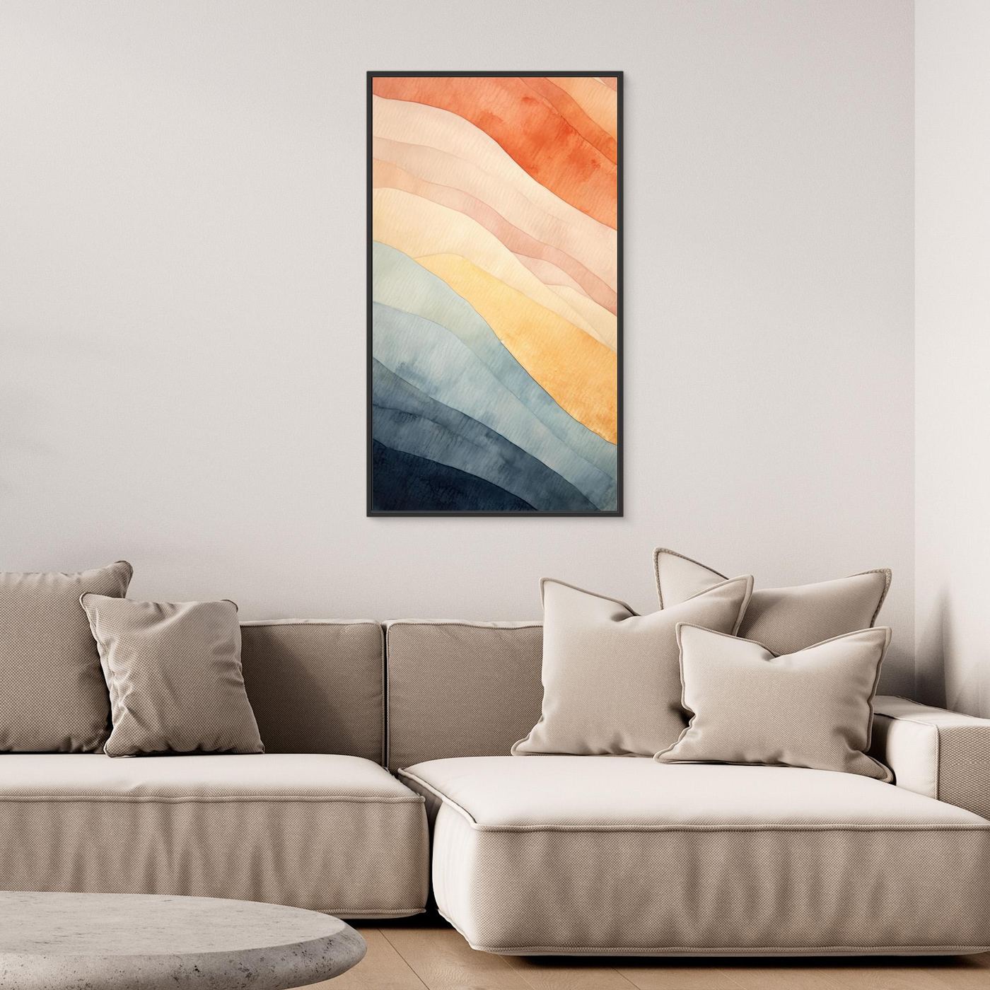 Abstract Watercolor Diagonal Waves Wall Art Print | Muted Terracotta and Indigo Blue Poster