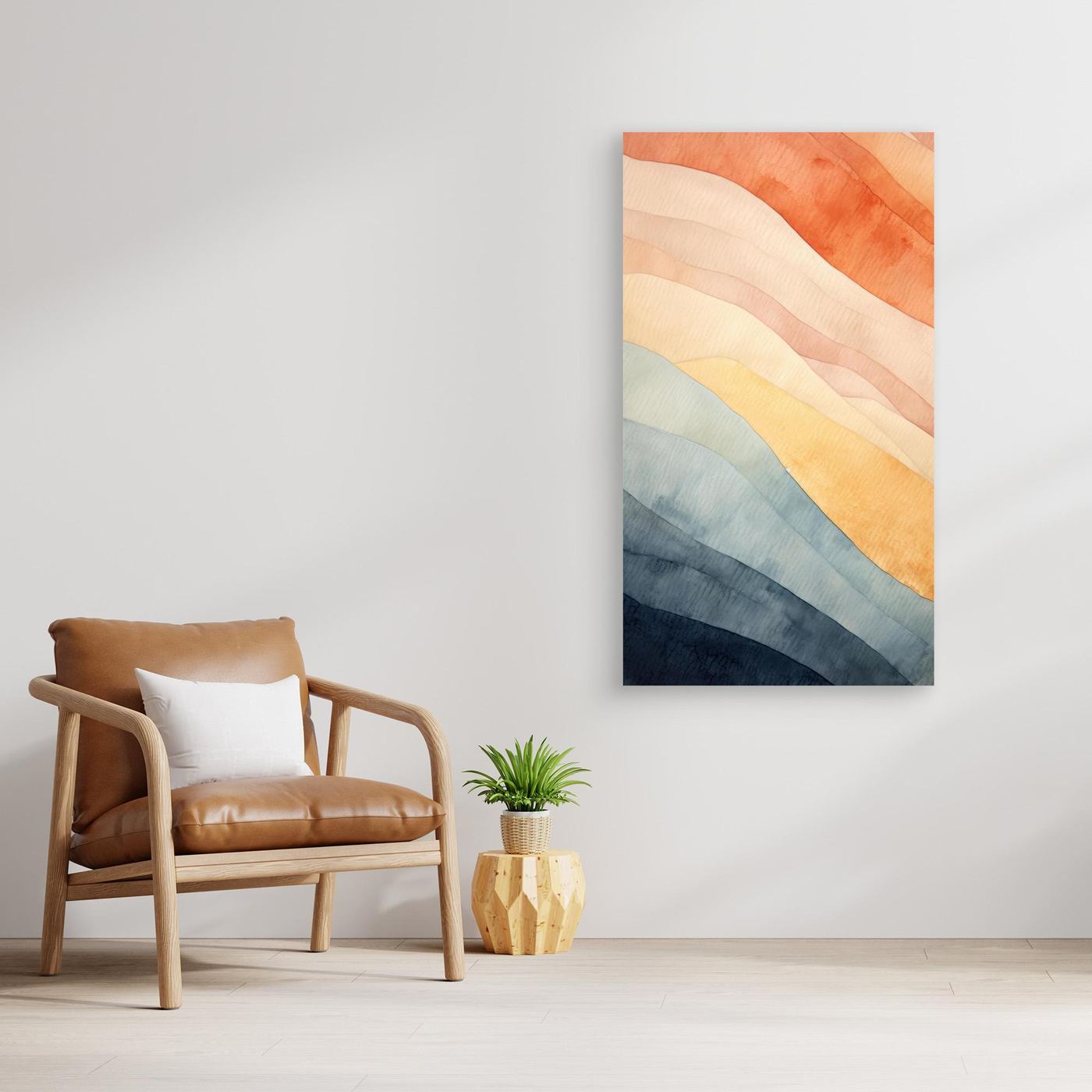 Abstract Watercolor Diagonal Waves Wall Art Print | Muted Terracotta and Indigo Blue Poster