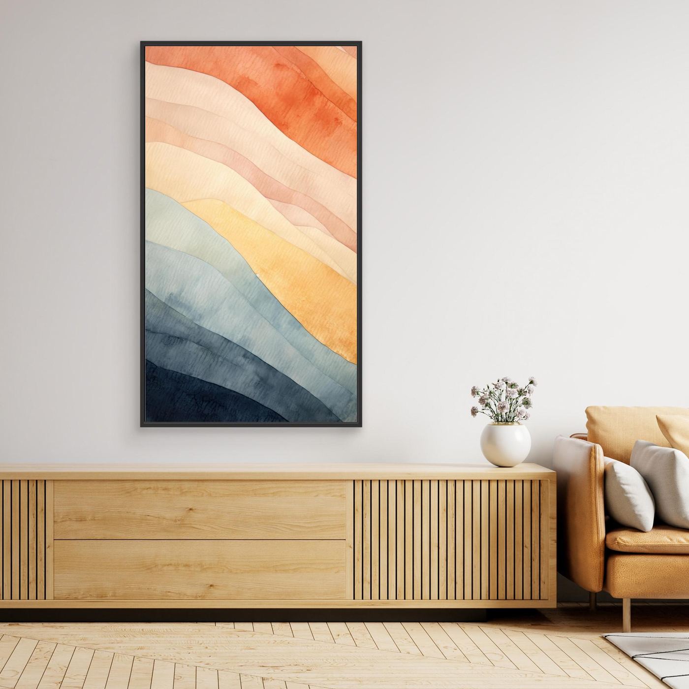 Abstract Watercolor Diagonal Waves Wall Art Print | Muted Terracotta and Indigo Blue Poster