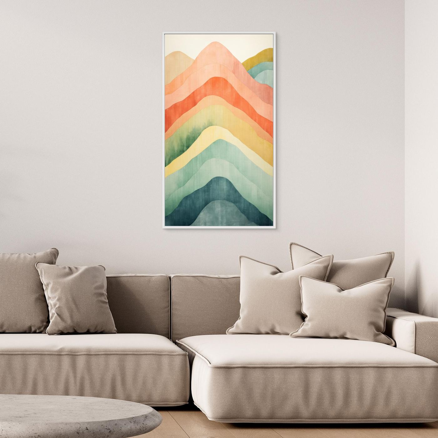 Boho Watercolor Layered Mountain Peaks Wall Art Print | Abstract Pastel Rainbow Hills Canvas