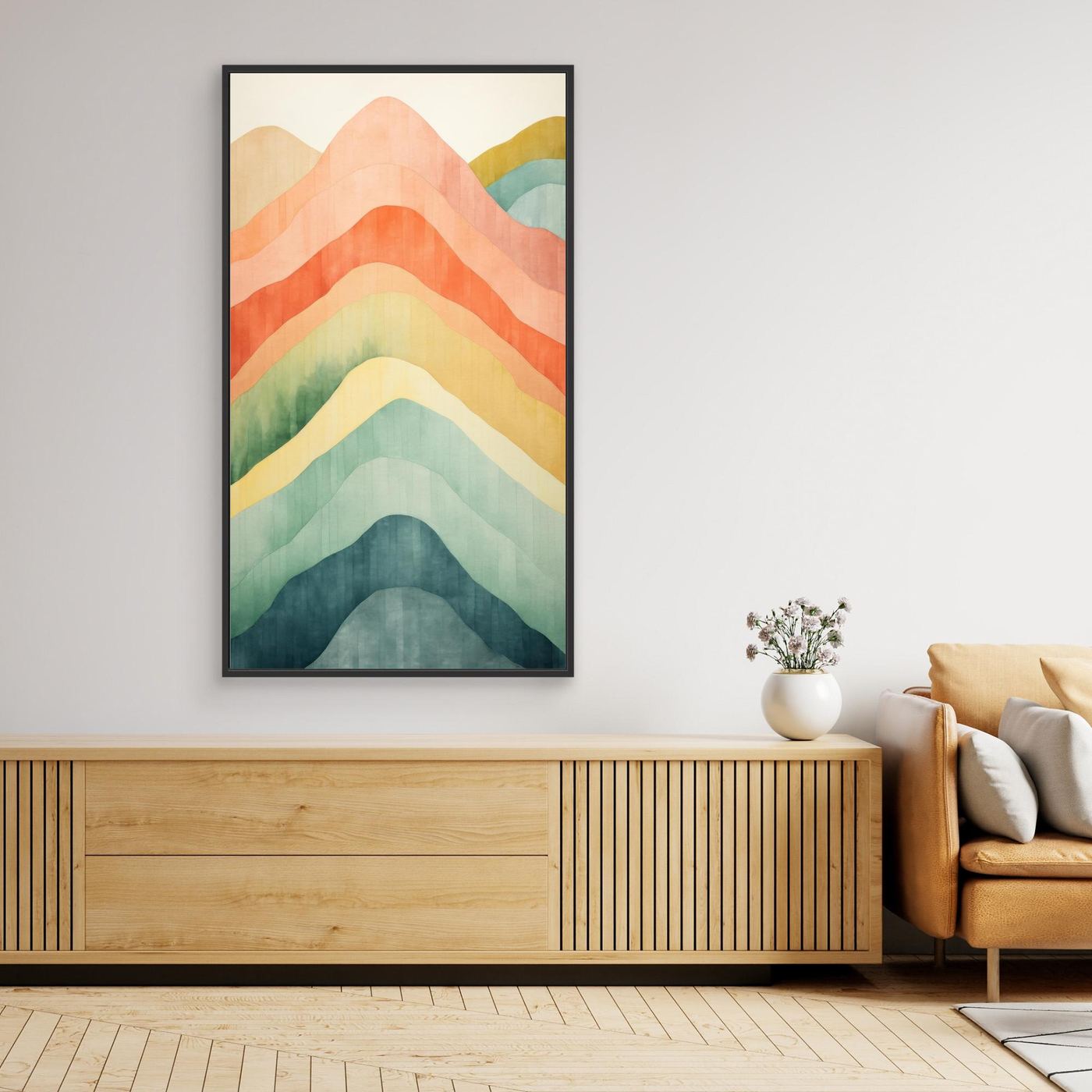Boho Watercolor Layered Mountain Peaks Wall Art Print | Abstract Pastel Rainbow Hills Canvas