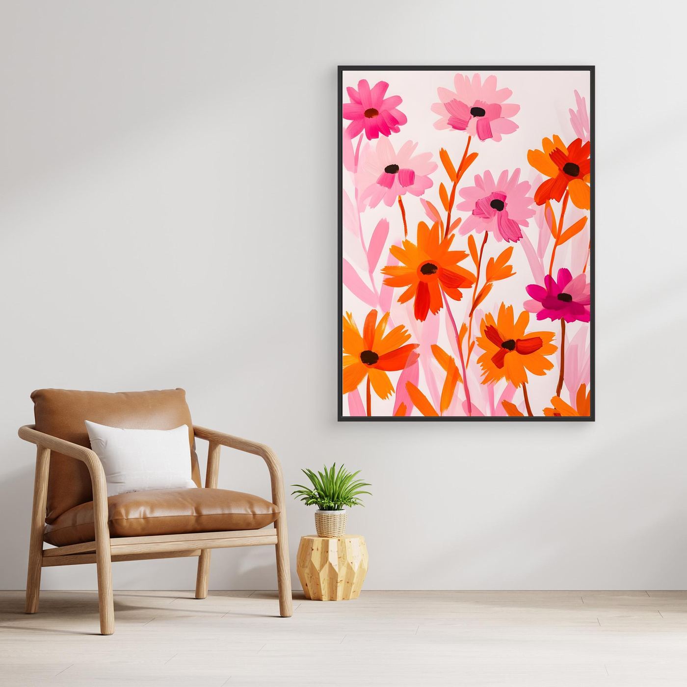Modern Pink and Orange Floral Painting