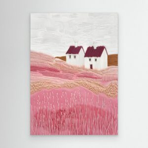 Minimal Pink Countryside Landscape with White Cottages