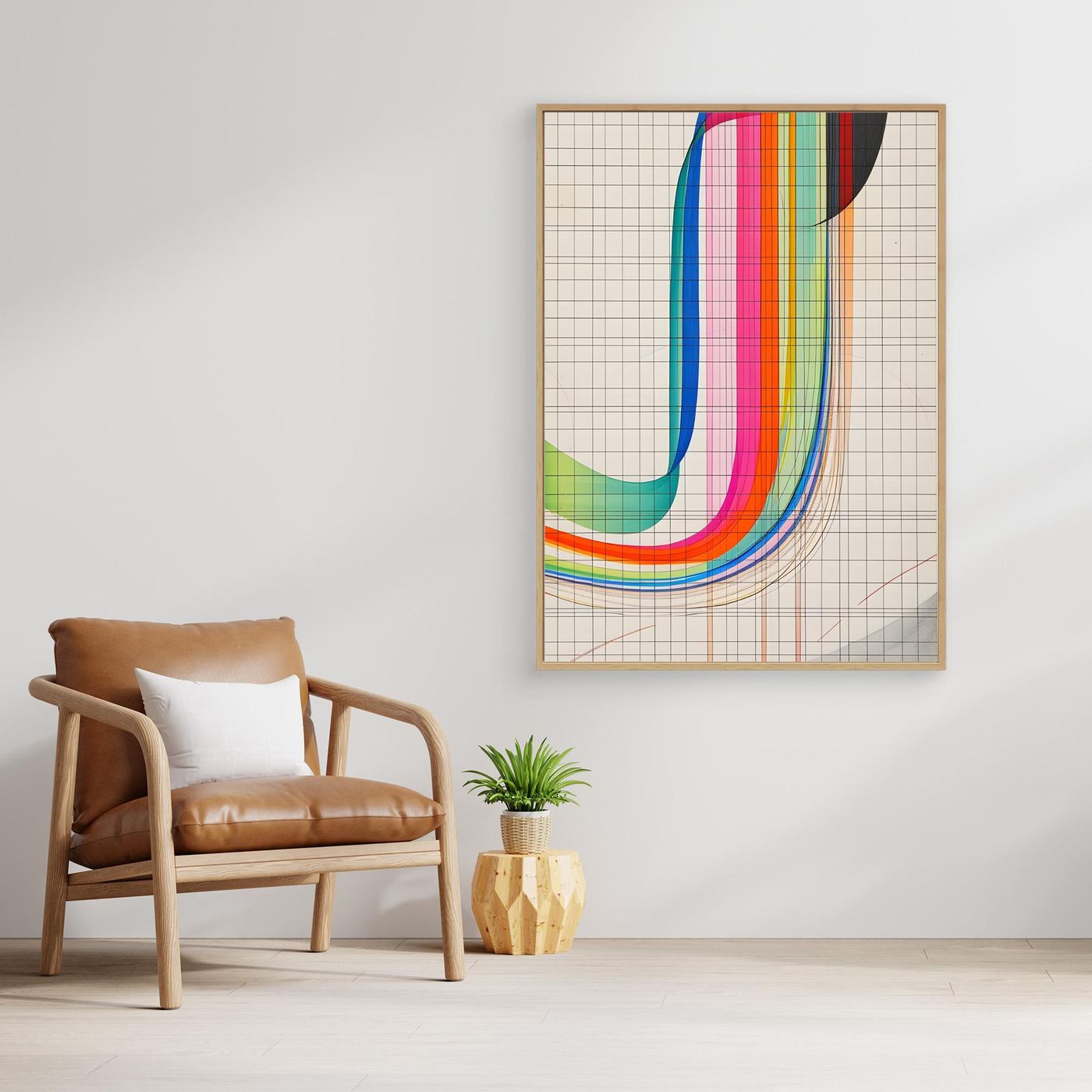 Modern Rainbow Gradient Line Art with Geometric Grid