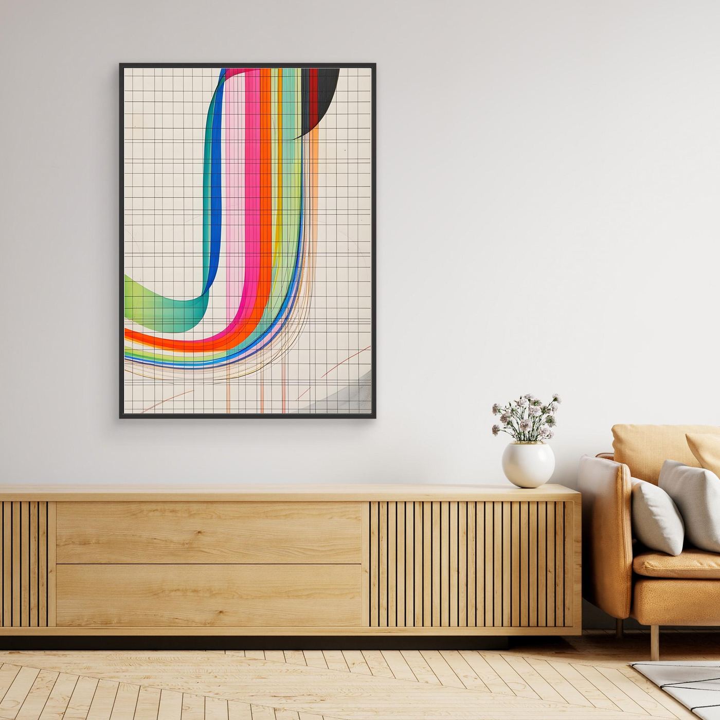 Modern Rainbow Gradient Line Art with Geometric Grid