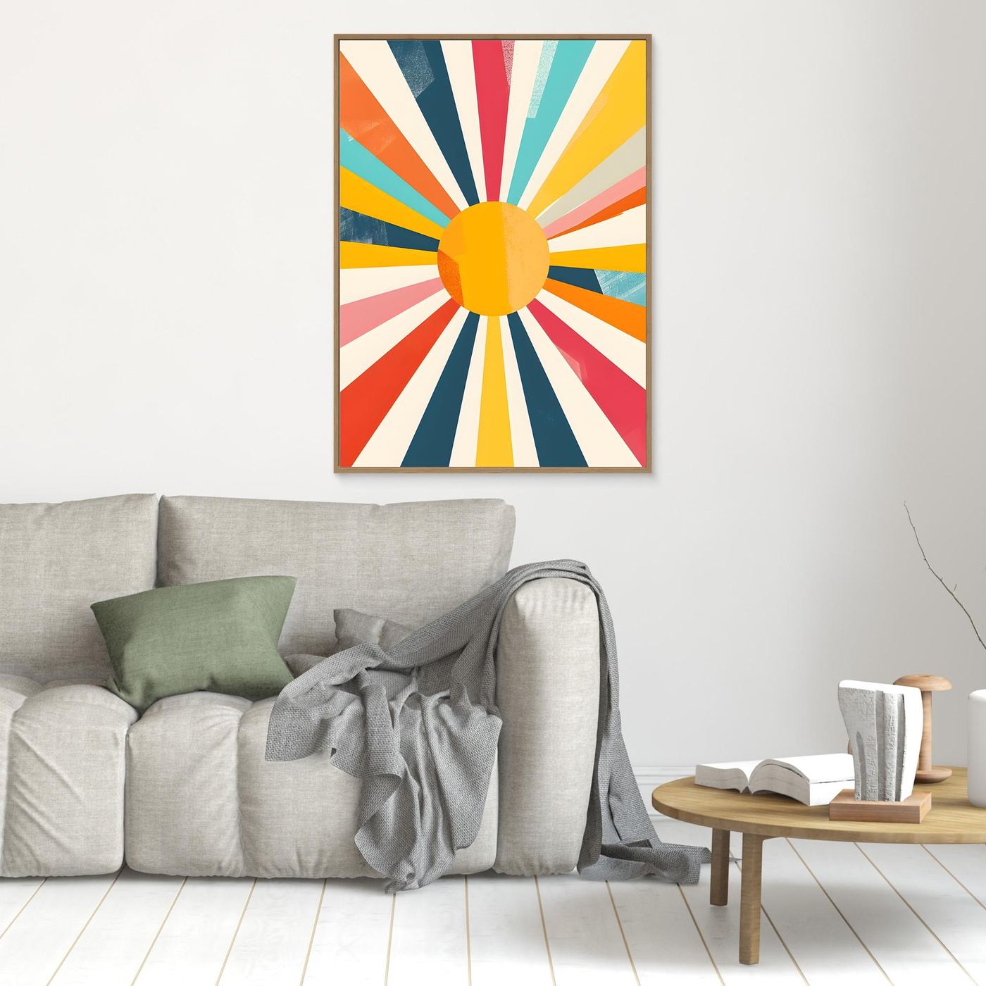 Modern Geometric Sunburst Canvas Wall Art – Colorful Retro Abstract Sunshine Design