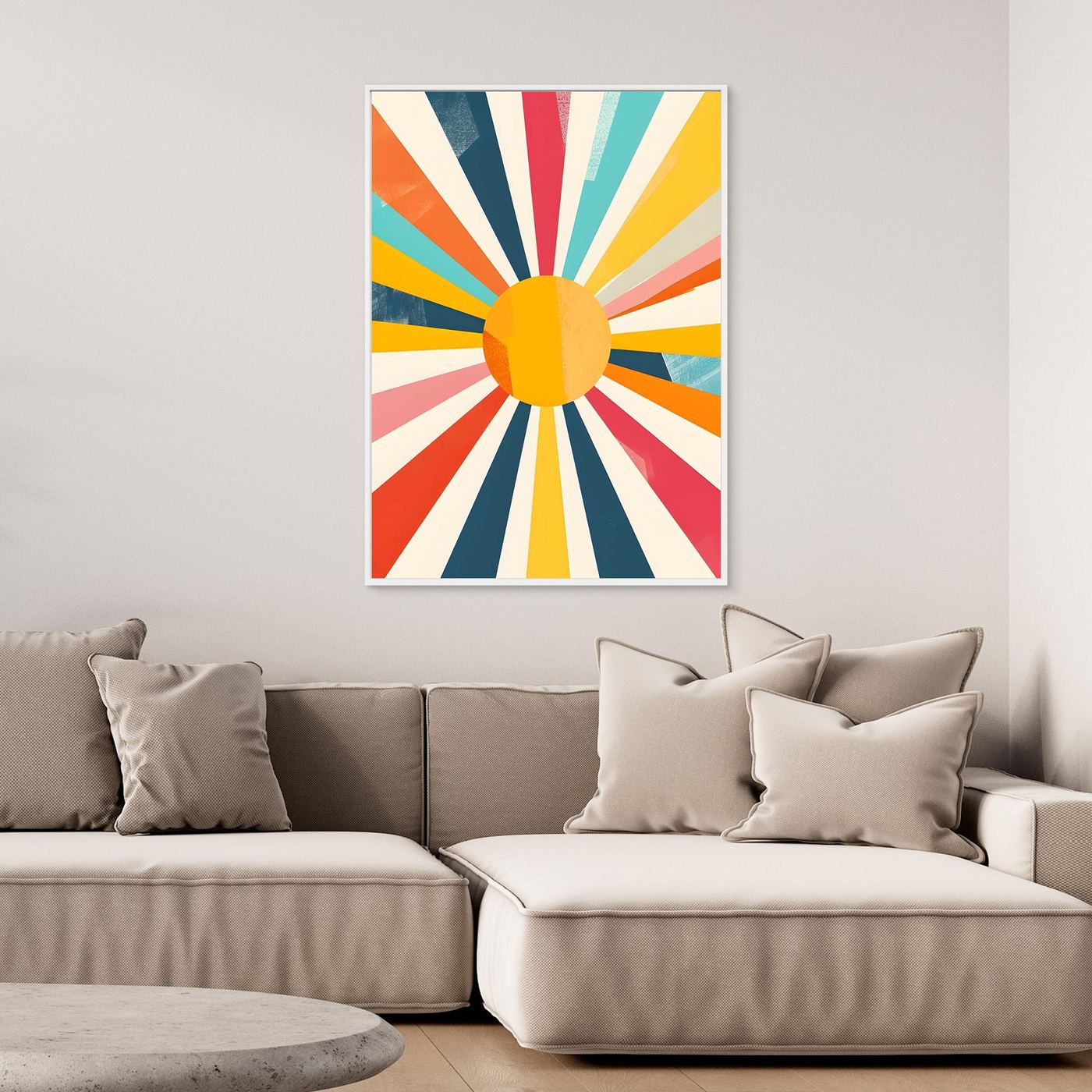 Modern Geometric Sunburst Canvas Wall Art – Colorful Retro Abstract Sunshine Design