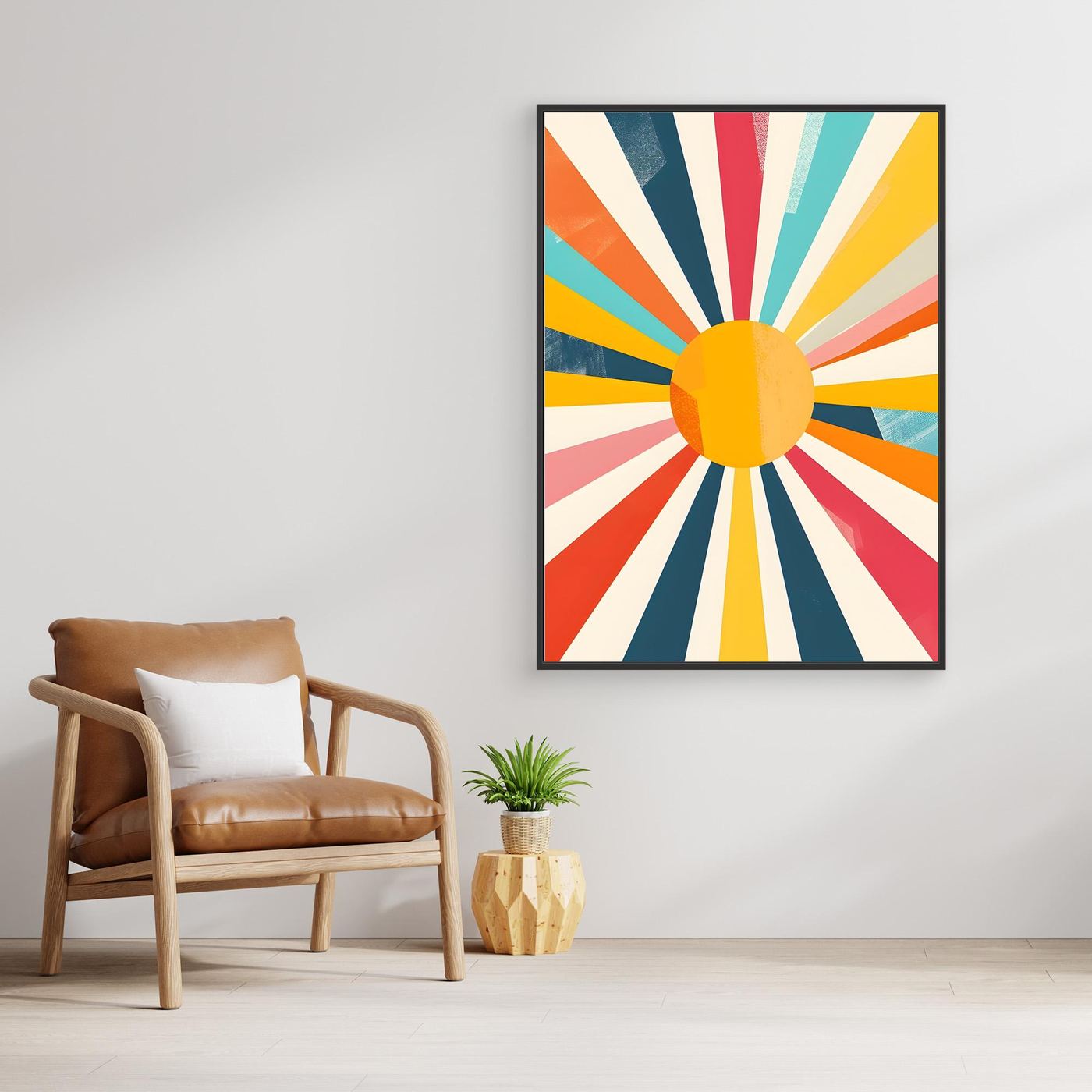 Modern Geometric Sunburst Canvas Wall Art – Colorful Retro Abstract Sunshine Design