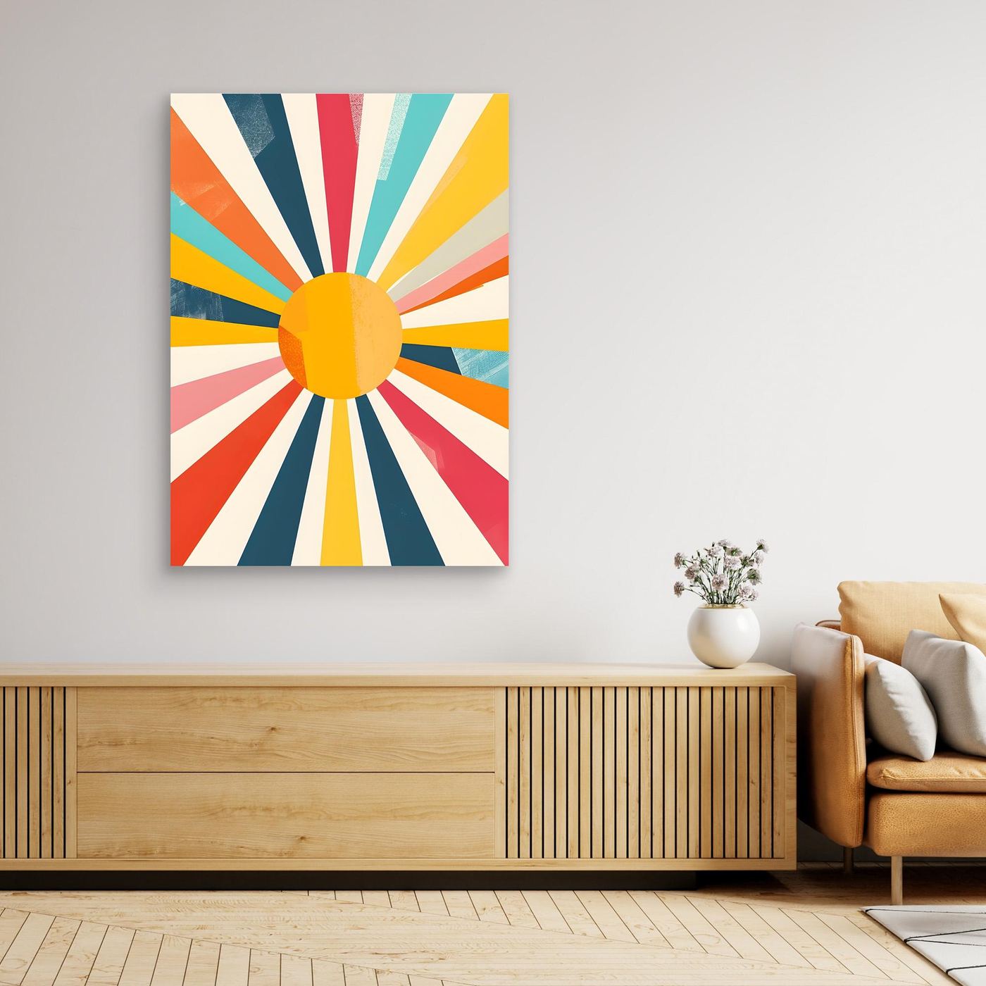 Modern Geometric Sunburst Canvas Wall Art – Colorful Retro Abstract Sunshine Design
