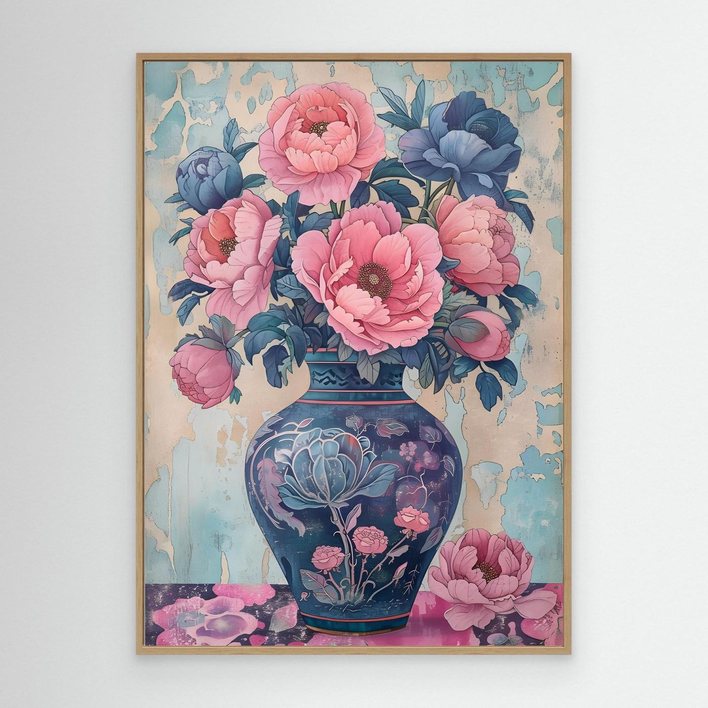 Vintage Blue Floral Vase with Pink Peony Bouquet Wall Art