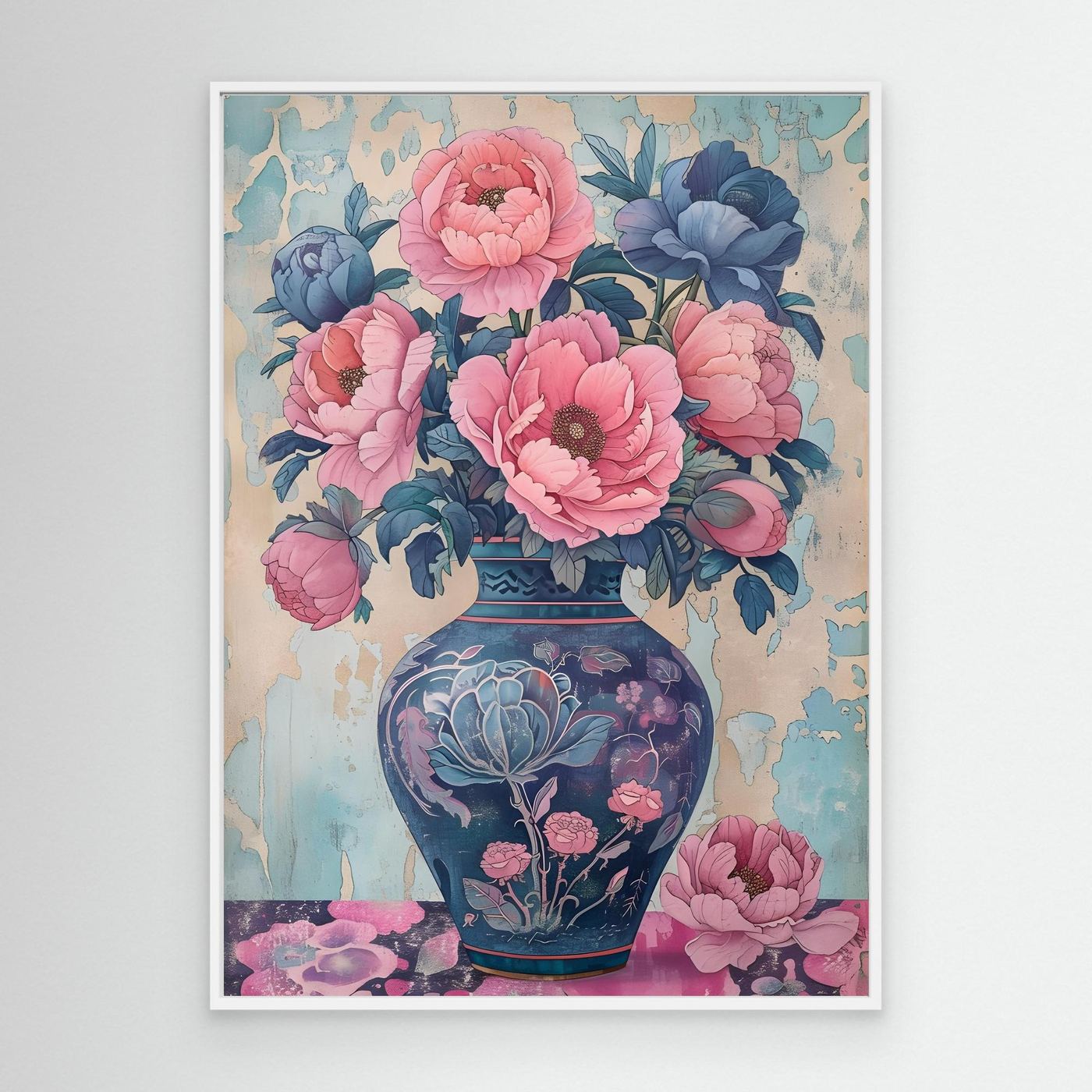 Vintage Blue Floral Vase with Pink Peony Bouquet Wall Art