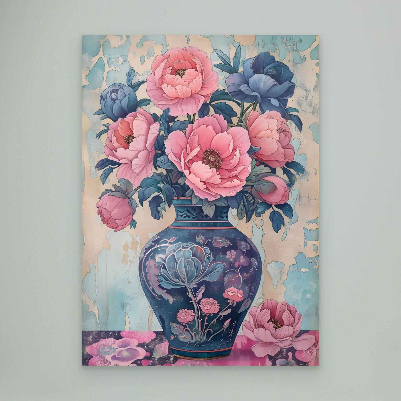 Vintage Blue Floral Vase with Pink Peony Bouquet Wall Art