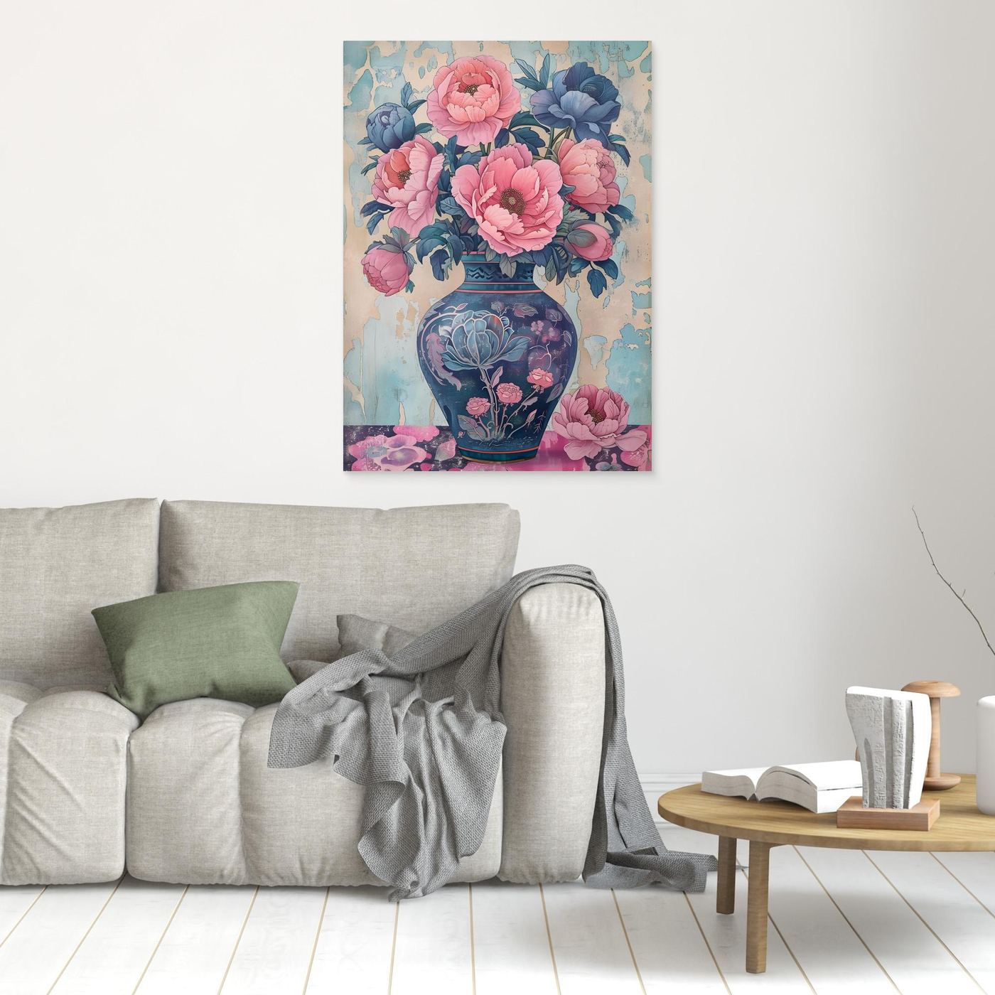 Vintage Blue Floral Vase with Pink Peony Bouquet Wall Art