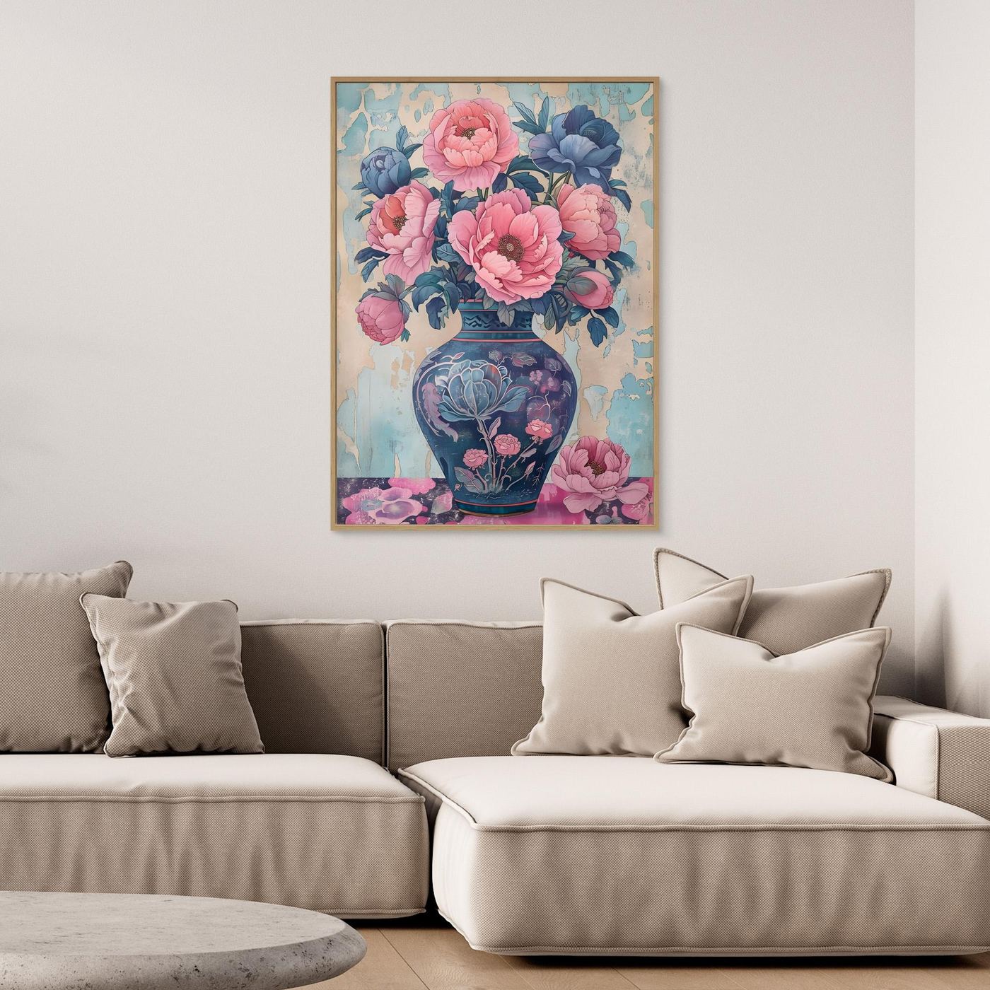 Vintage Blue Floral Vase with Pink Peony Bouquet Wall Art
