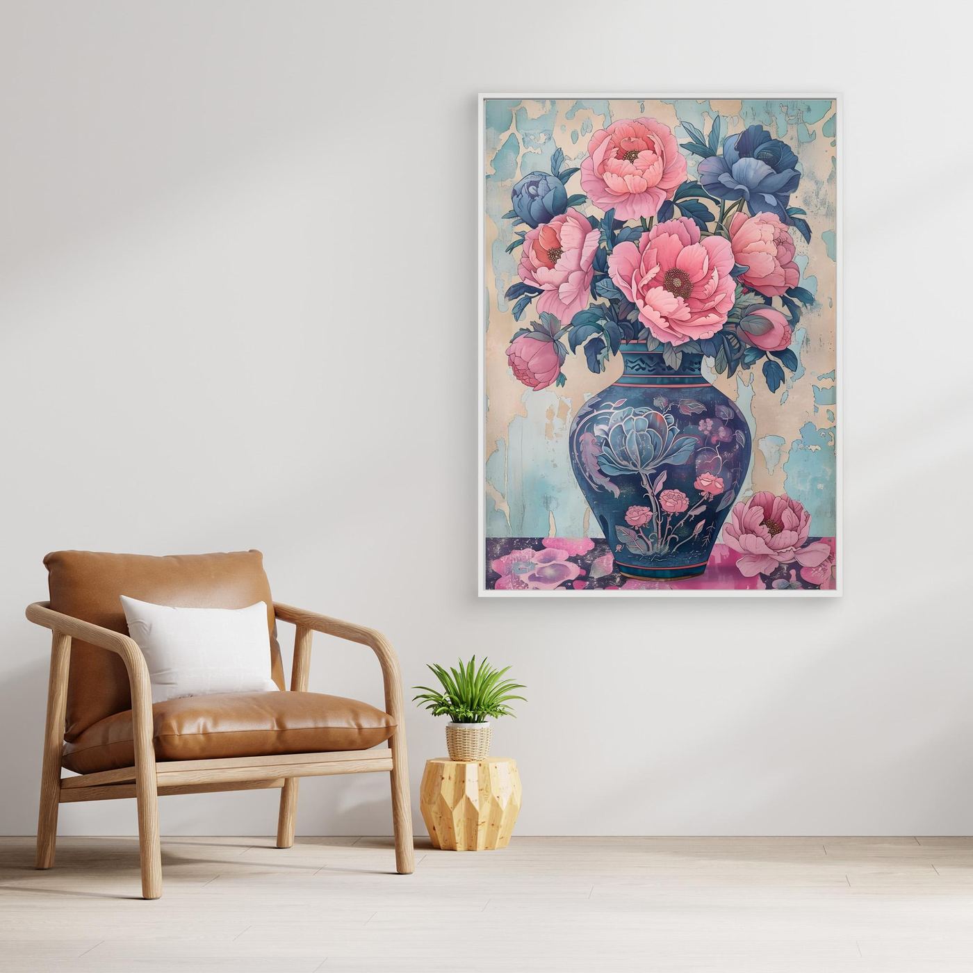 Vintage Blue Floral Vase with Pink Peony Bouquet Wall Art