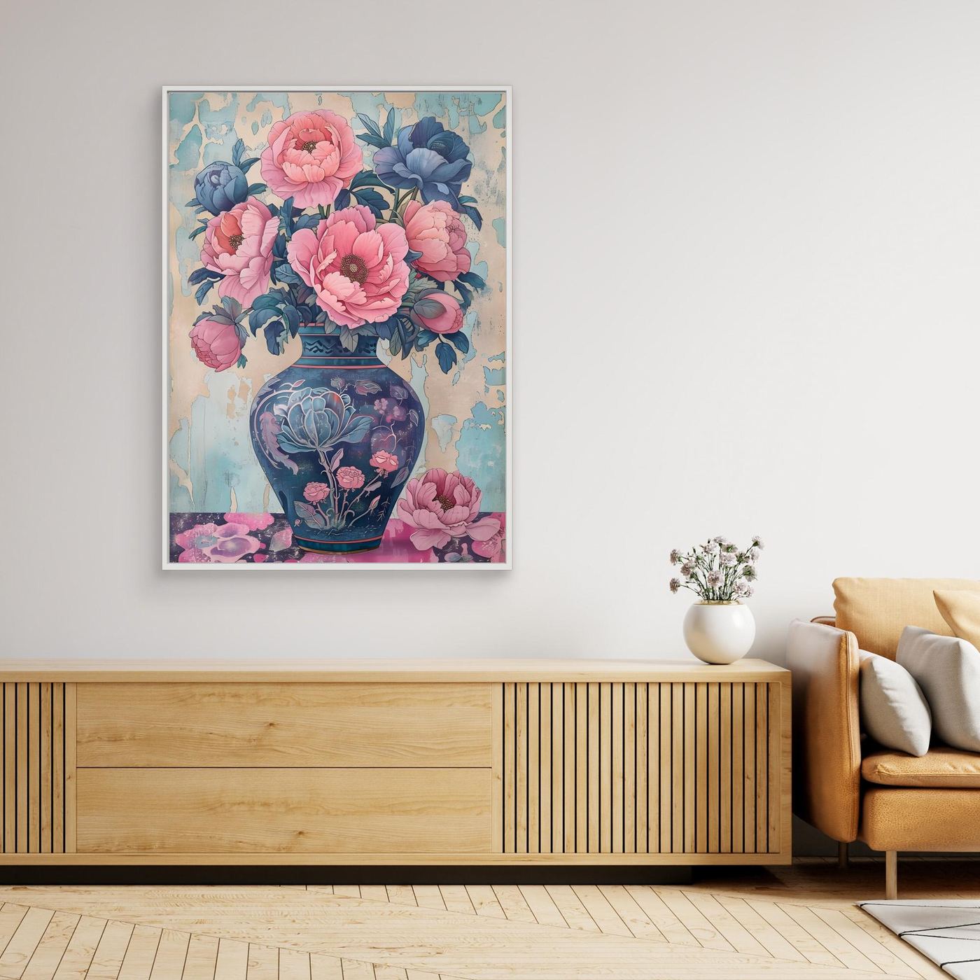 Vintage Blue Floral Vase with Pink Peony Bouquet Wall Art