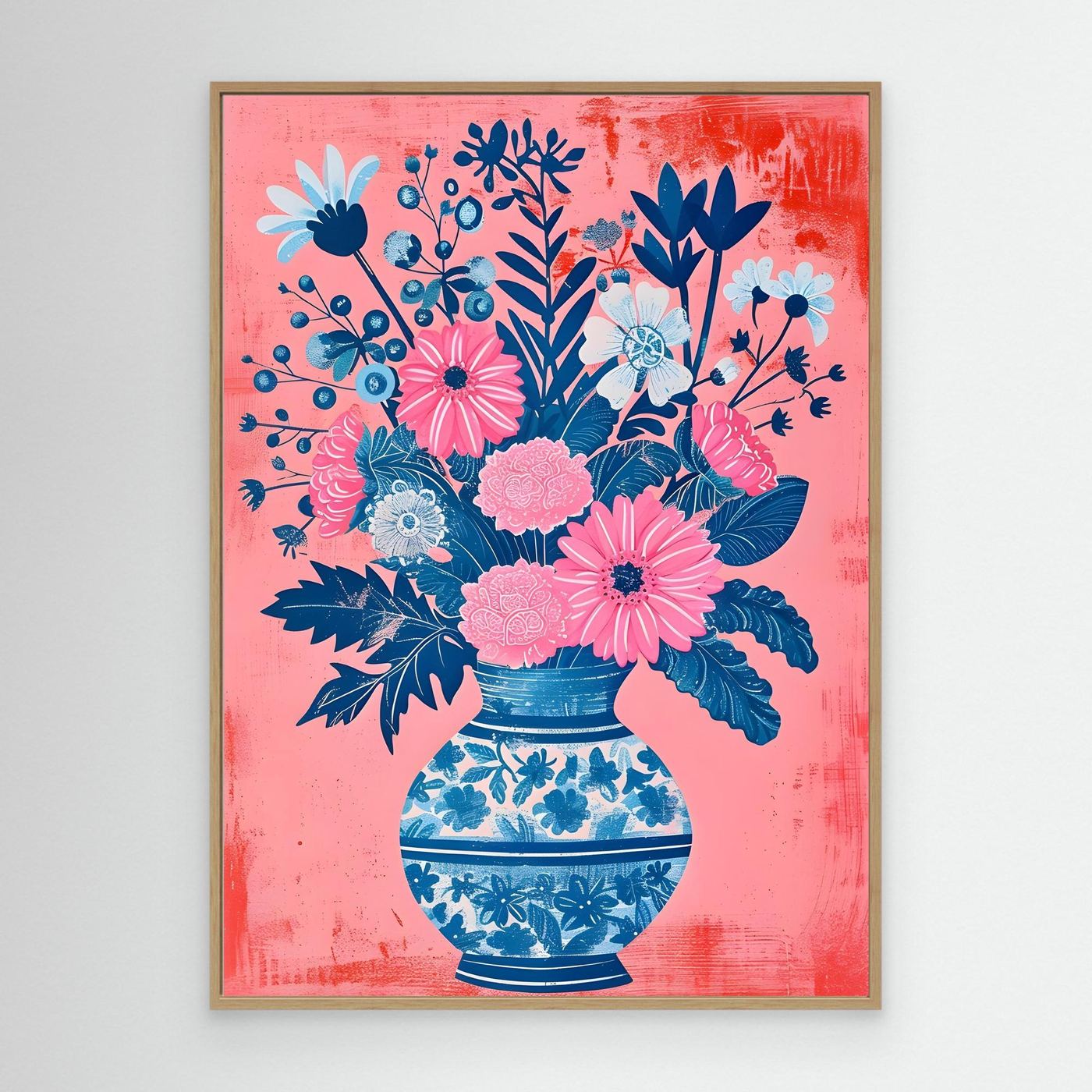 Modern Pink Floral Bouquet in Blue Patterned Vase Illustration