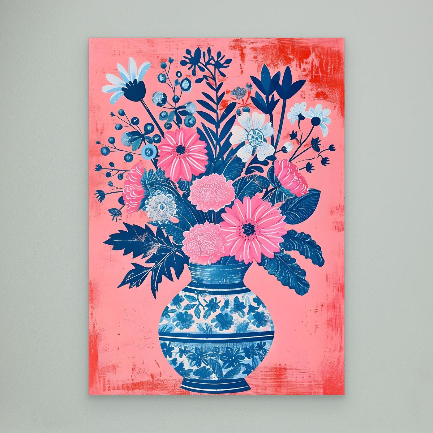 Modern Pink Floral Bouquet in Blue Patterned Vase Illustration