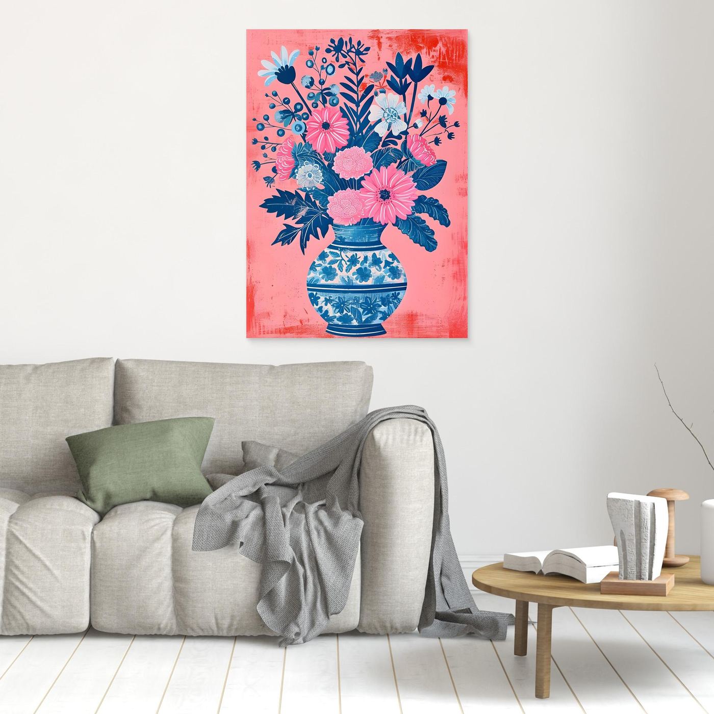 Modern Pink Floral Bouquet in Blue Patterned Vase Illustration