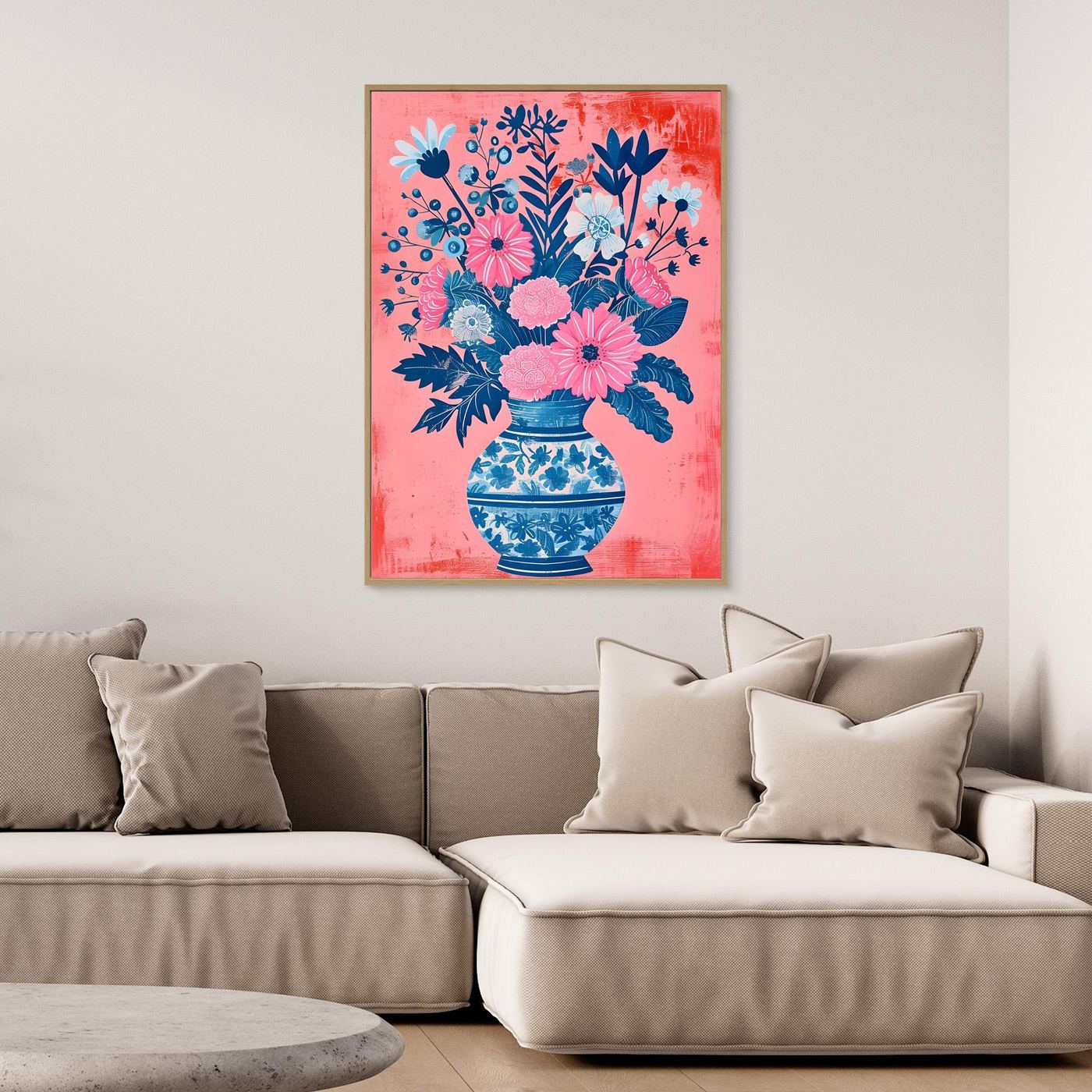 Modern Pink Floral Bouquet in Blue Patterned Vase Illustration