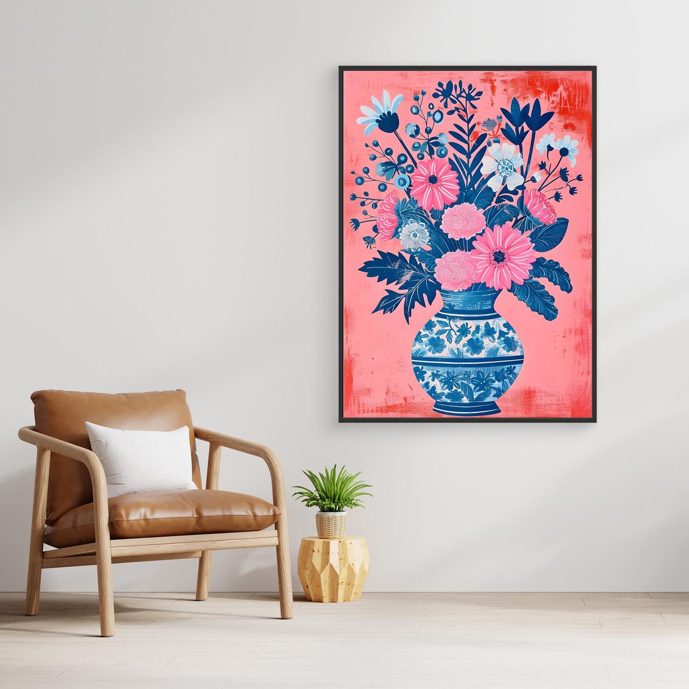 Modern Pink Floral Bouquet in Blue Patterned Vase Illustration