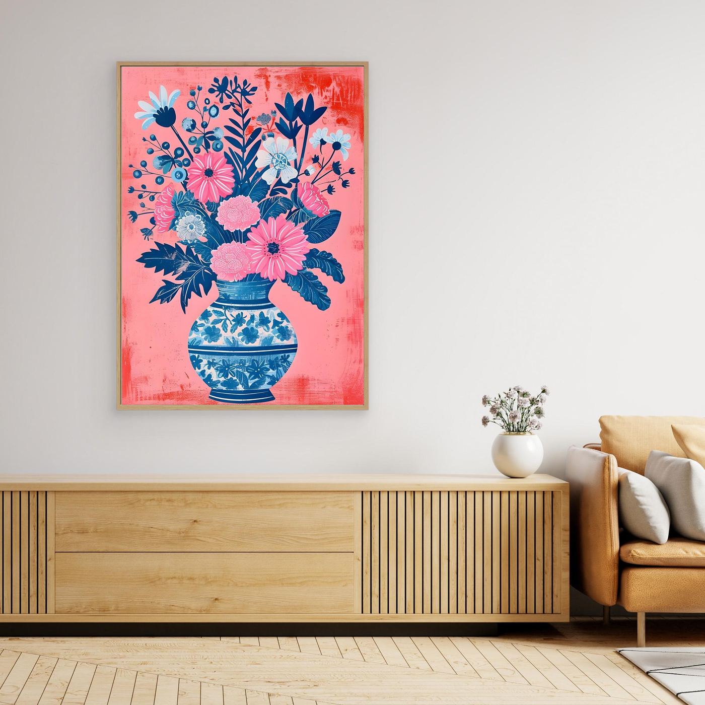 Modern Pink Floral Bouquet in Blue Patterned Vase Illustration