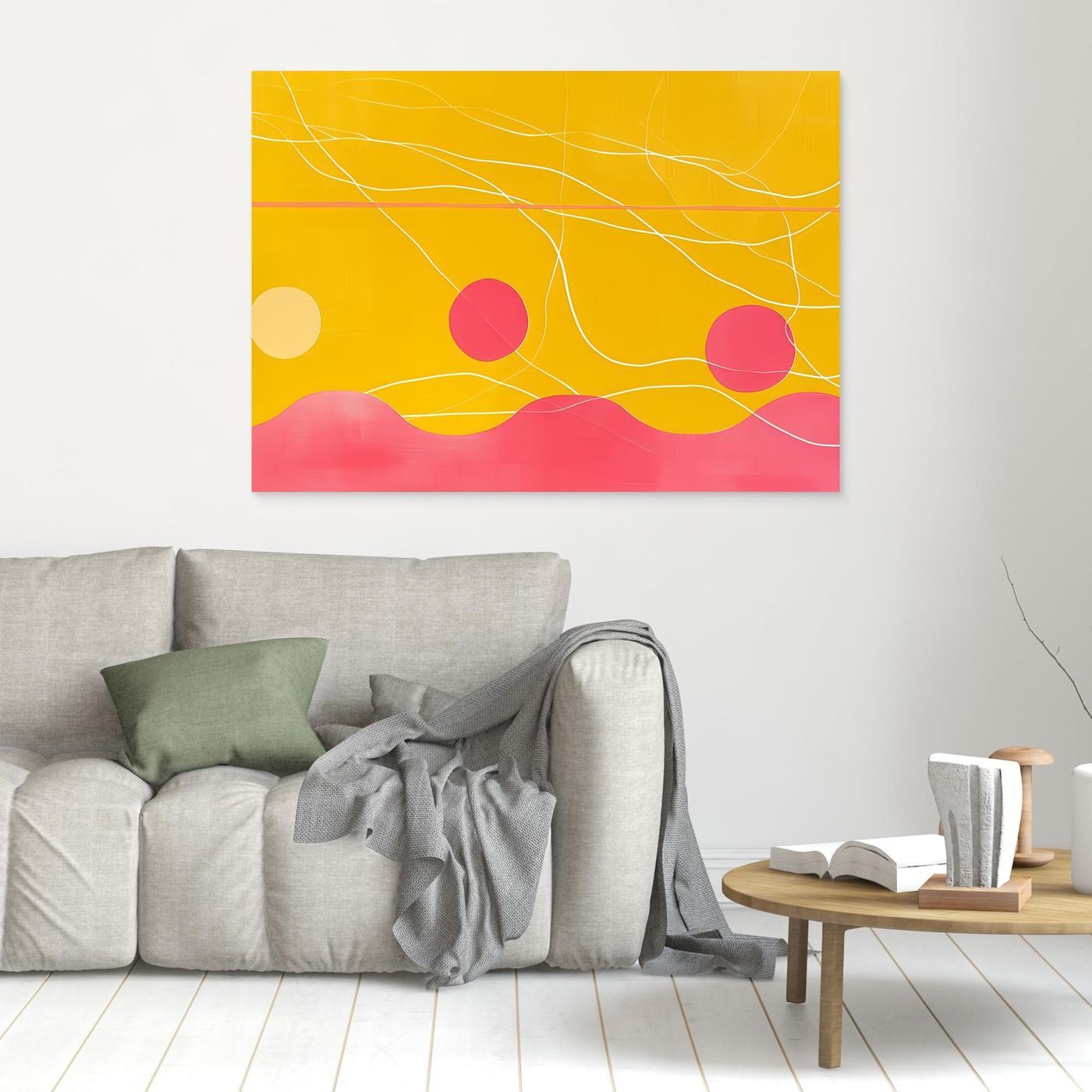 Golden Horizon with Flowing Lines and Pink Abstract Landscape