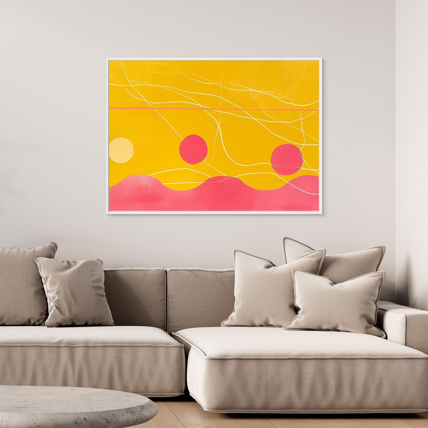 Golden Horizon with Flowing Lines and Pink Abstract Landscape