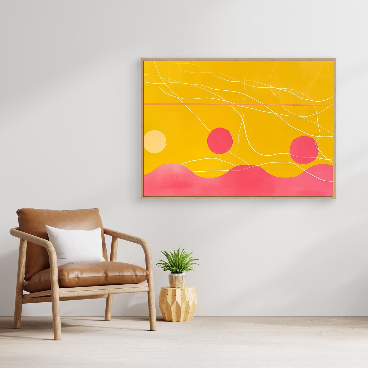 Golden Horizon with Flowing Lines and Pink Abstract Landscape