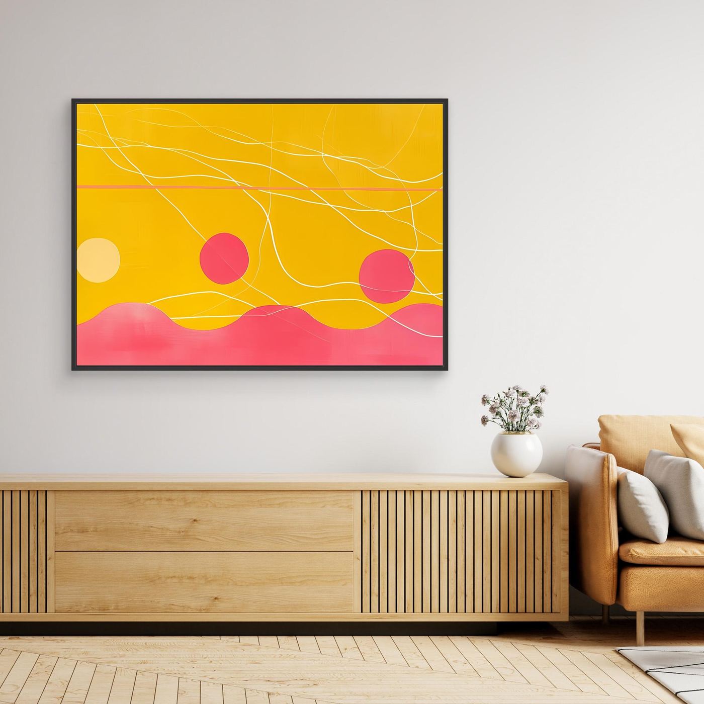 Golden Horizon with Flowing Lines and Pink Abstract Landscape
