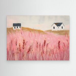 Dreamy Pink Meadow Countryside Landscape with White Cottages