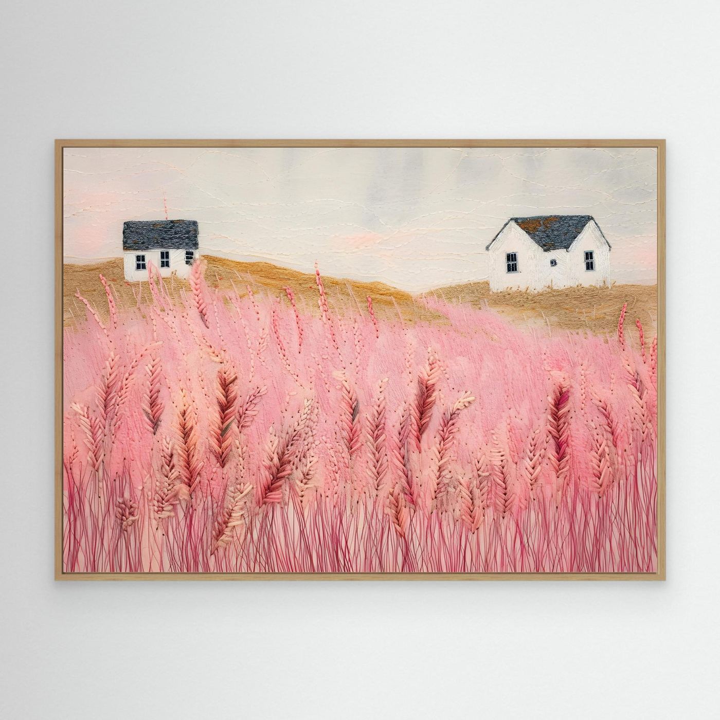 Dreamy Pink Meadow Countryside Landscape with White Cottages