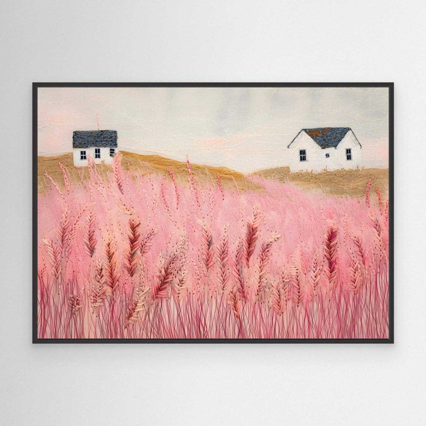 Dreamy Pink Meadow Countryside Landscape with White Cottages