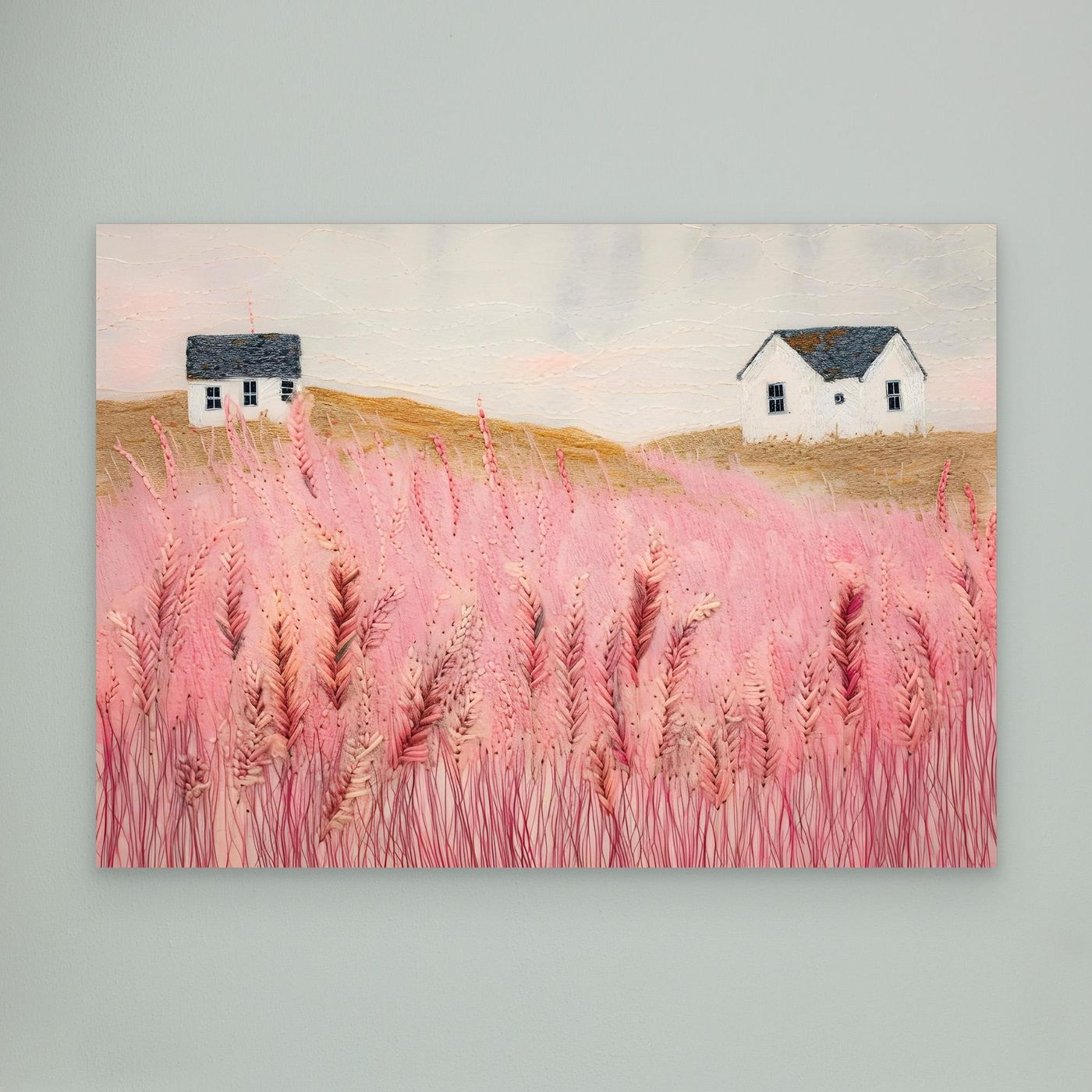 Dreamy Pink Meadow Countryside Landscape with White Cottages