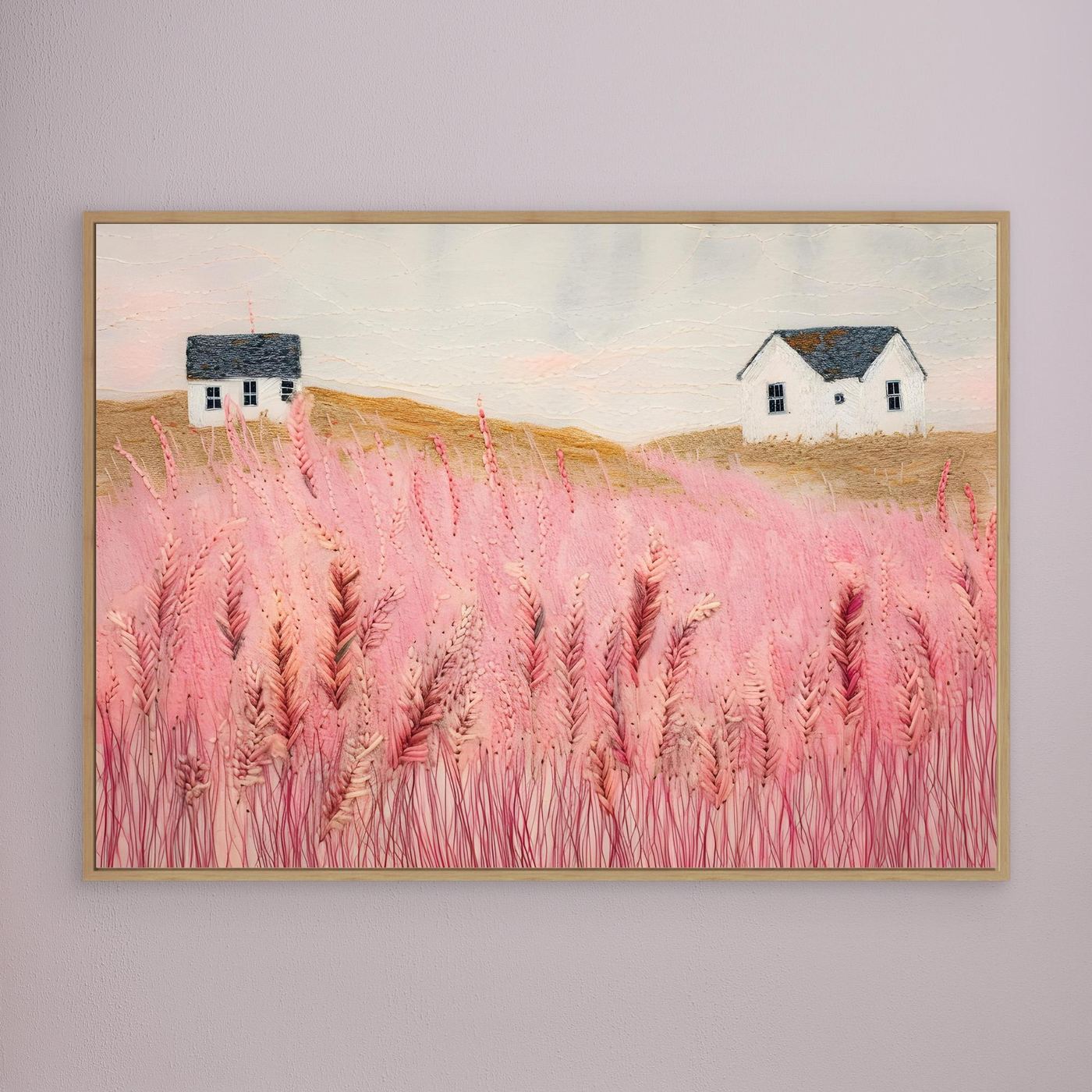 Dreamy Pink Meadow Countryside Landscape with White Cottages