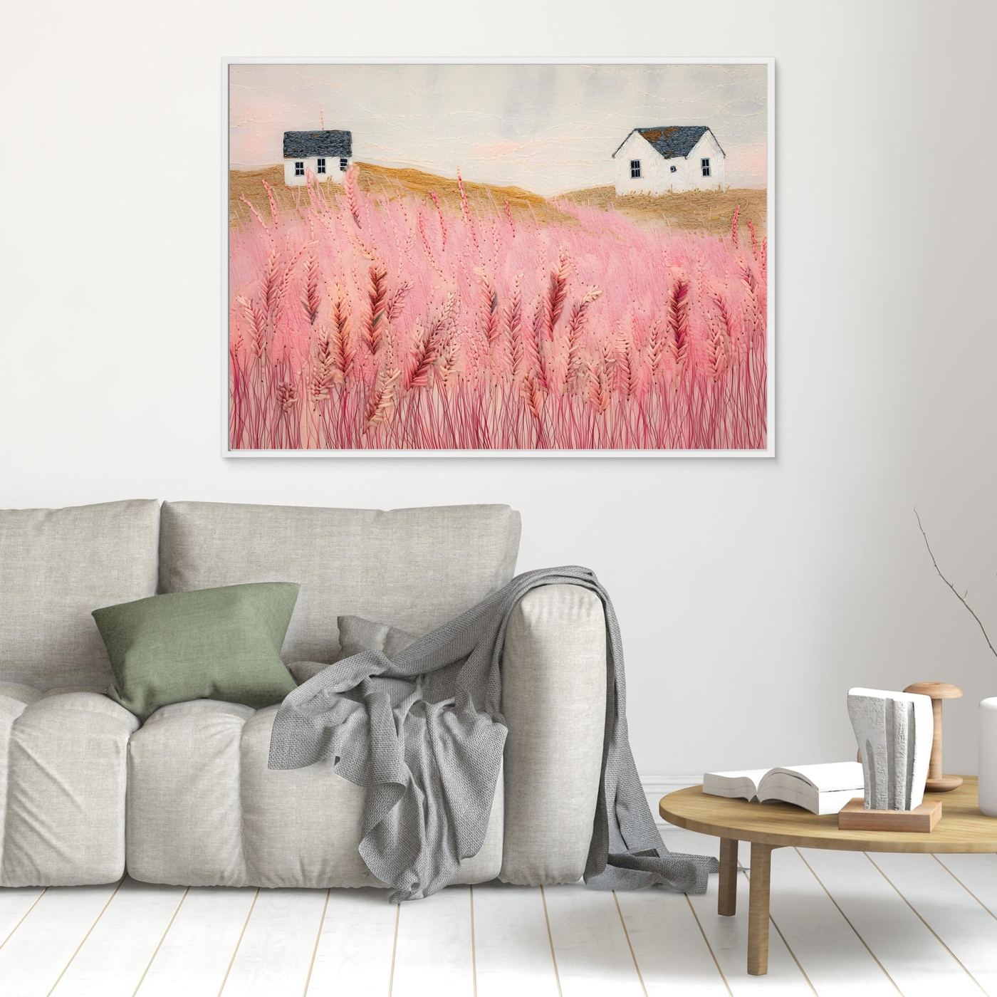Dreamy Pink Meadow Countryside Landscape with White Cottages