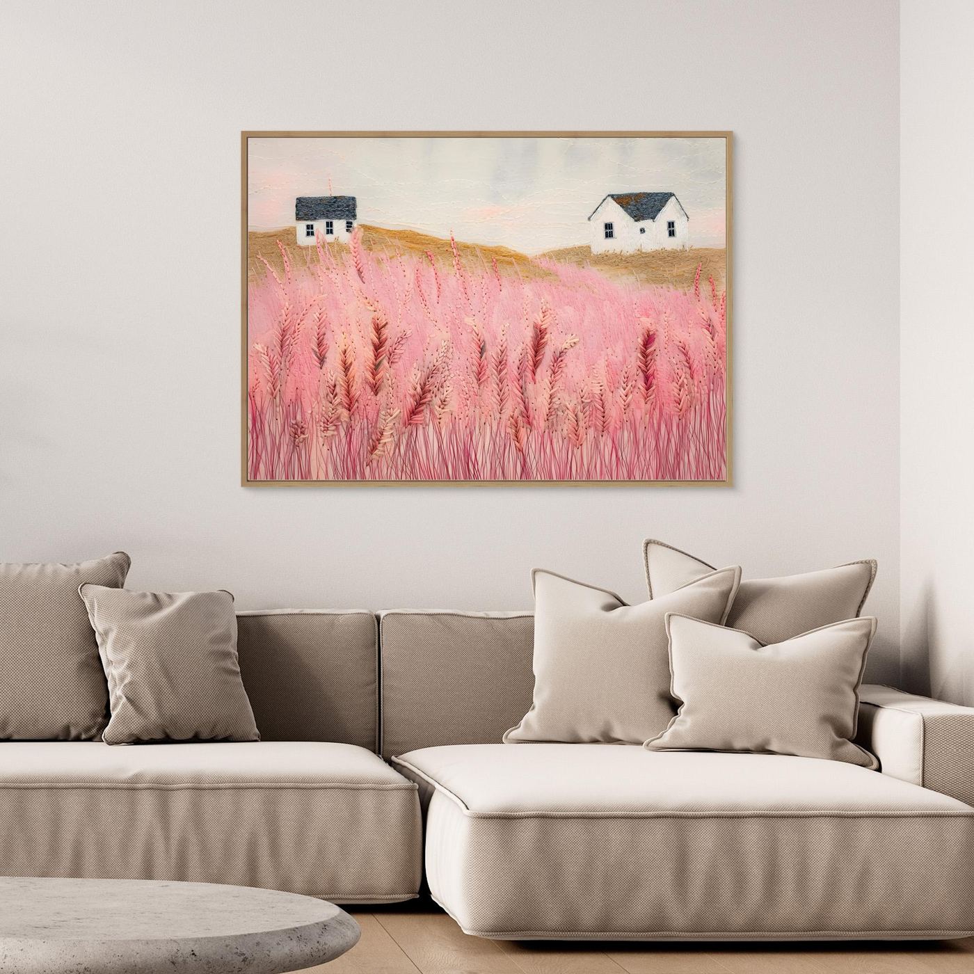 Dreamy Pink Meadow Countryside Landscape with White Cottages